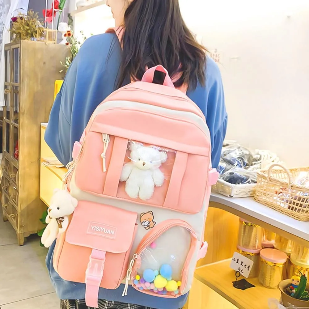 Kawaii Backpack for Girls 5 Pcs School Bookbag Cuet Kids Schoolbag with Accessories Crossbody Bags Pencil Case Handbag Coin Purse (Pink)