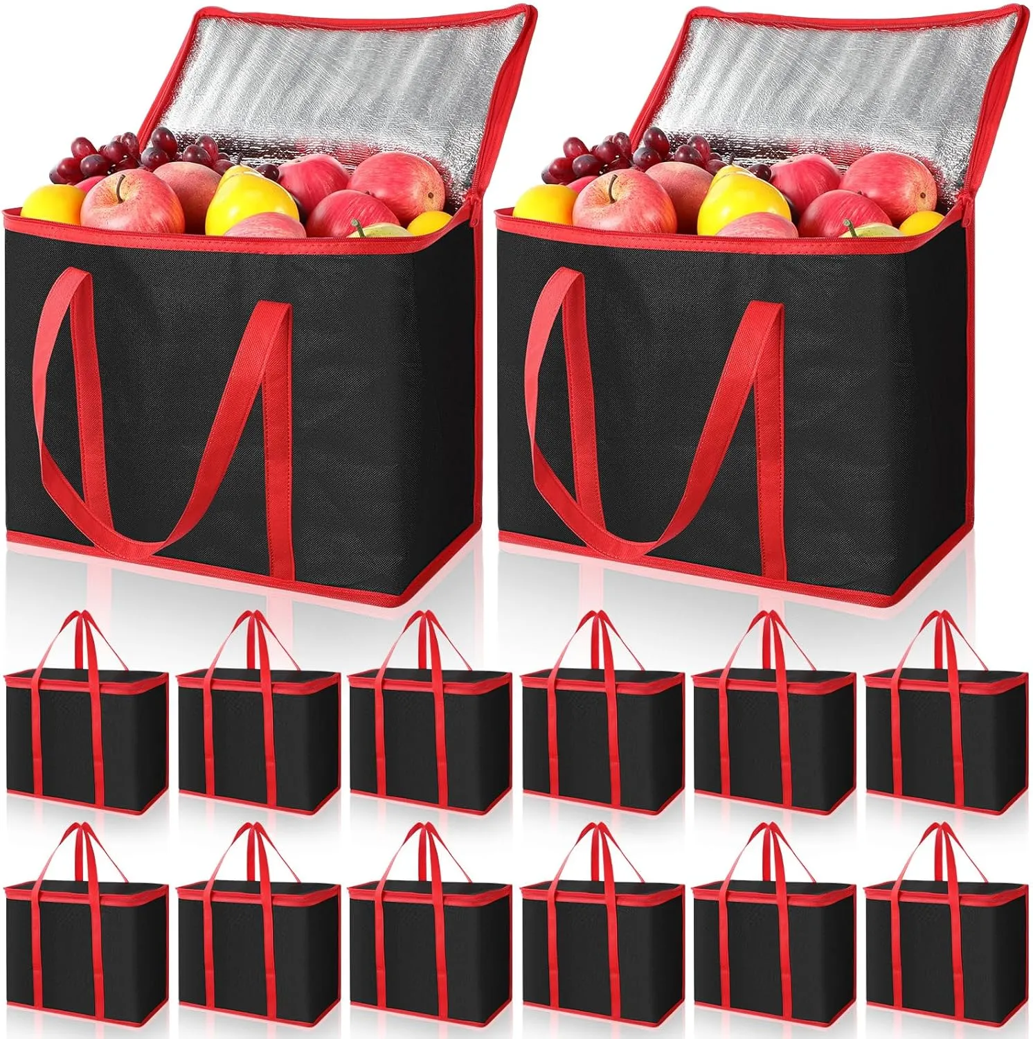 Kenning 15 Pcs Large Insulated Reusable Grocery Bags with Sturdy Zipper and Handles Foldable Washable Cooler Totes Heavy Duty Hot or Cold Food Delivery Bags for Food Transport Travel Lunch (Red Black)