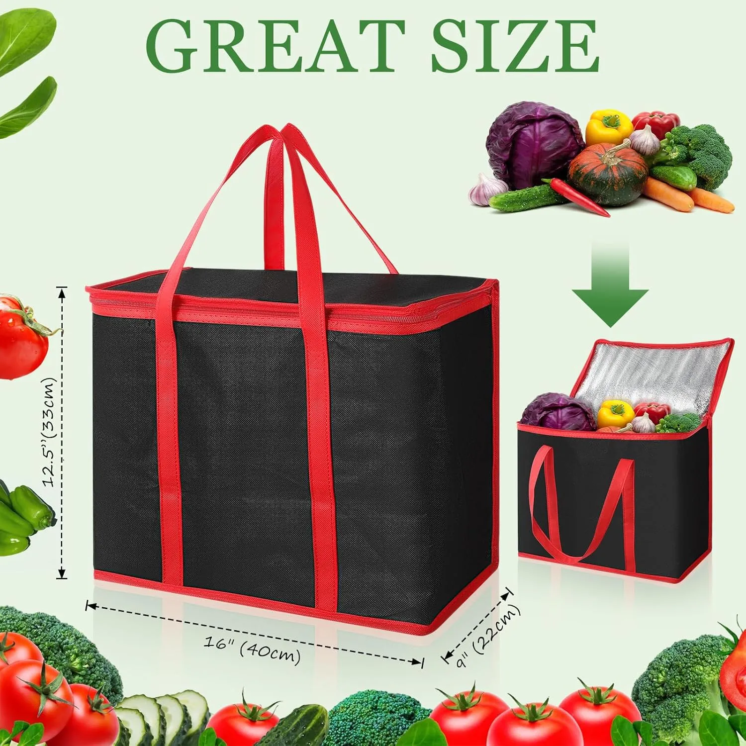 Kenning 15 Pcs Large Insulated Reusable Grocery Bags with Sturdy Zipper and Handles Foldable Washable Cooler Totes Heavy Duty Hot or Cold Food Delivery Bags for Food Transport Travel Lunch (Red Black)
