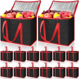Kenning 15 Pcs Large Insulated Reusable Grocery Bags with Sturdy Zipper and Handles Foldable Washable Cooler Totes Heavy Duty Hot or Cold Food Delivery Bags for Food Transport Travel Lunch (Red Black)