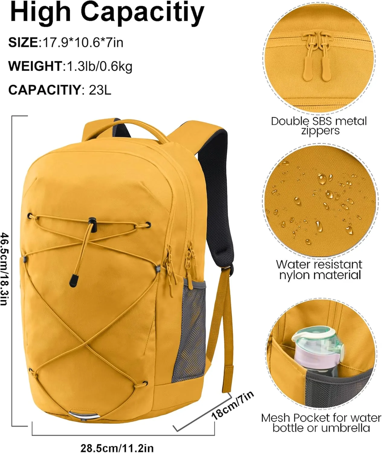 KEOFID Casual Backpack for Men and Women, Hiking Backpack for Travel, Black Daypacks for Sports, College, Water Resistant(Yellow)