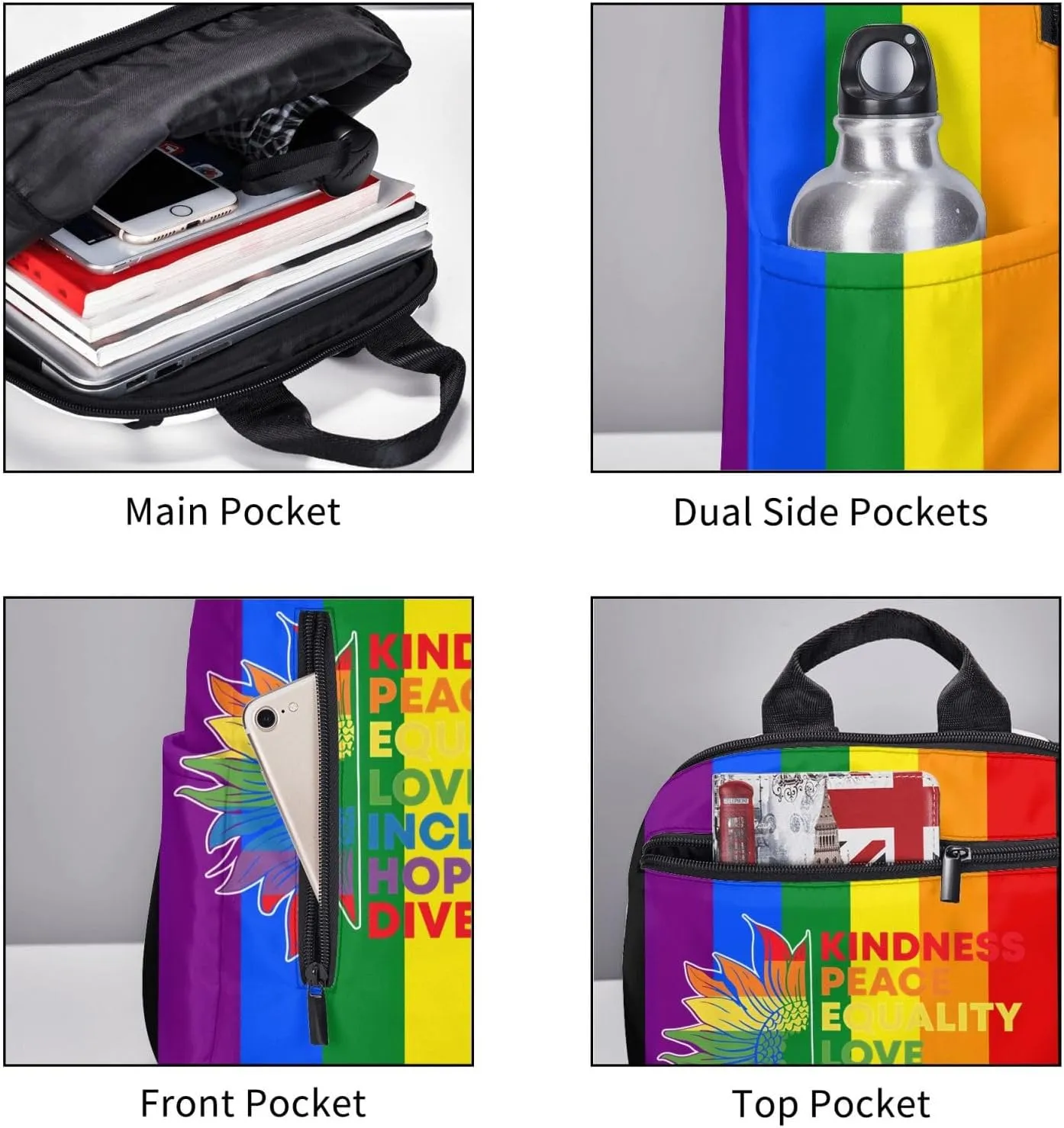 Kindness Peace Equality Love Inclusion Pride Sunflower Travel Laptop Backpack Casual Backpacks Double Shoulder Daypack Notebook Rucksack Work Bags Sports Bag for Hiking Camping Beach