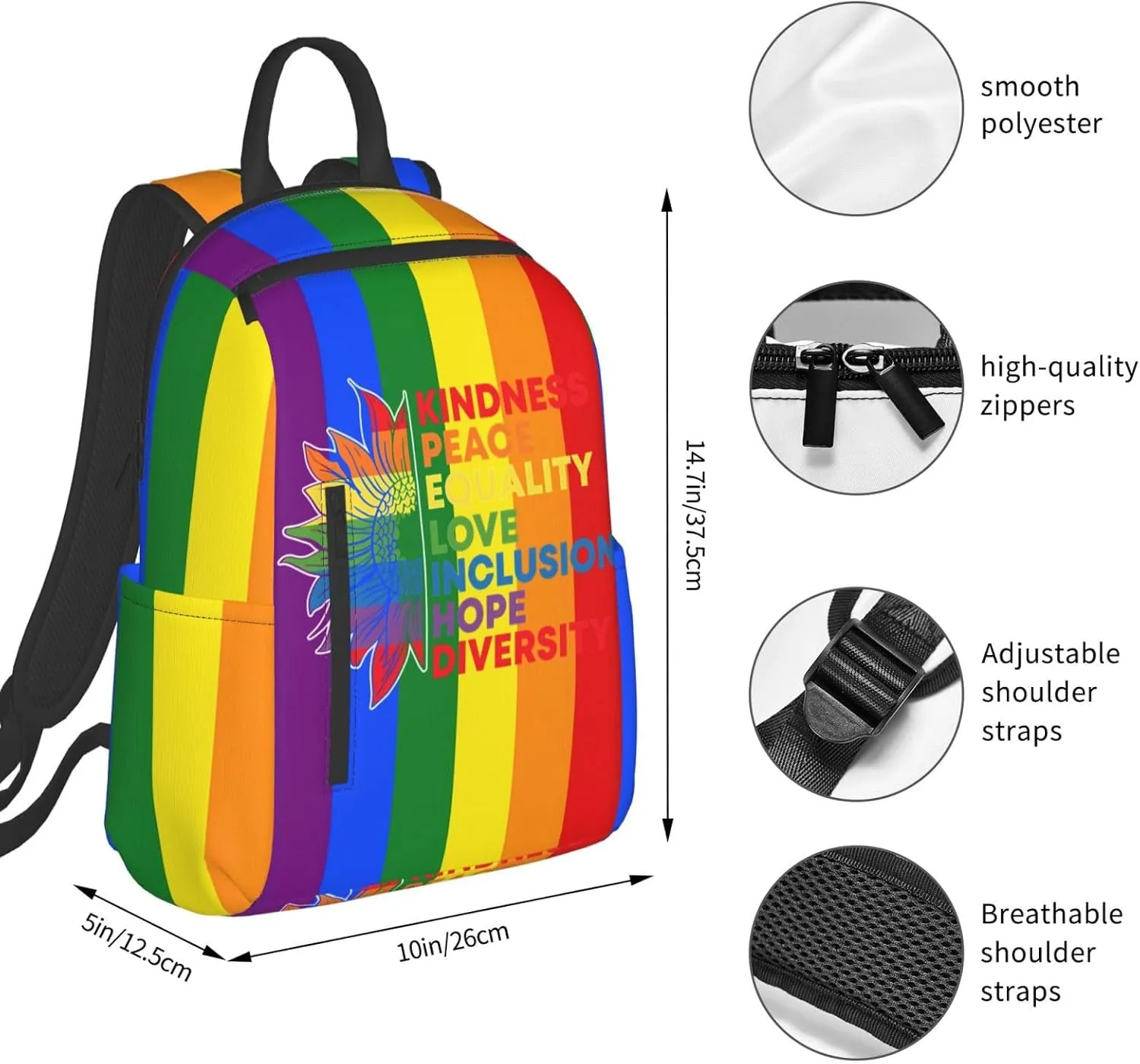 Kindness Peace Equality Love Inclusion Pride Sunflower Travel Laptop Backpack Casual Backpacks Double Shoulder Daypack Notebook Rucksack Work Bags Sports Bag for Hiking Camping Beach