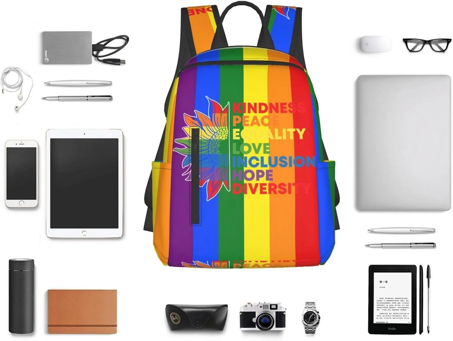 Kindness Peace Equality Love Inclusion Pride Sunflower Travel Laptop Backpack Casual Backpacks Double Shoulder Daypack Notebook Rucksack Work Bags Sports Bag for Hiking Camping Beach