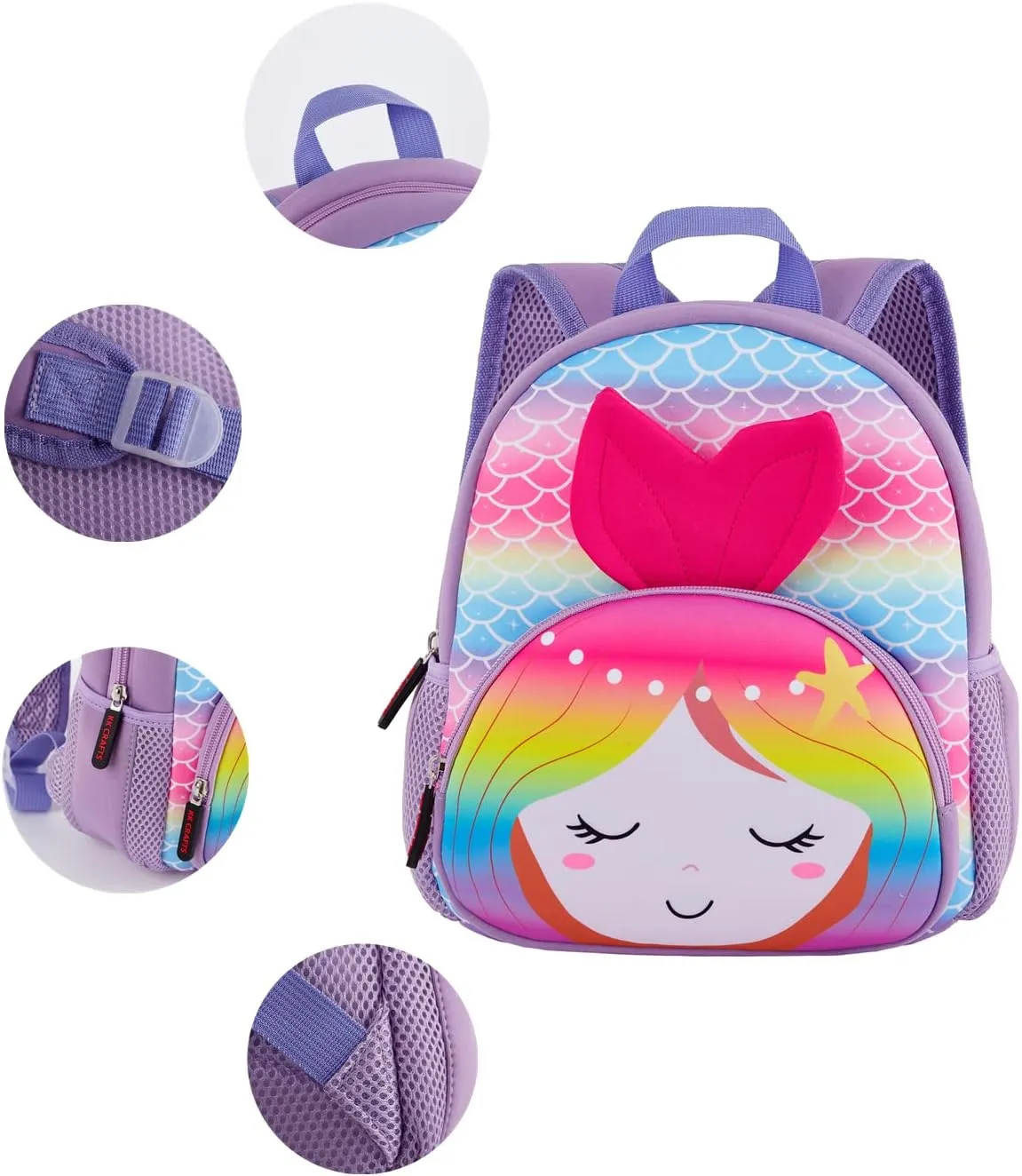 KK CRAFTS Preschool Backpack Toddler Neoprene Animal Schoolbag Lunch backpack for Kids Boys Girls(Colorful Mermaid)