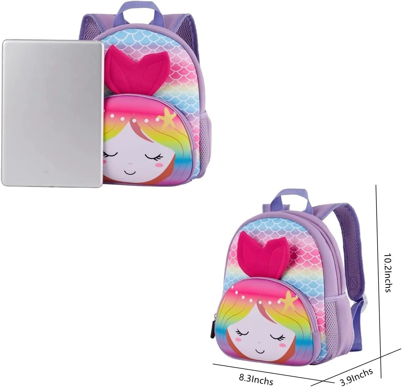 KK CRAFTS Preschool Backpack Toddler Neoprene Animal Schoolbag Lunch backpack for Kids Boys Girls(Colorful Mermaid)