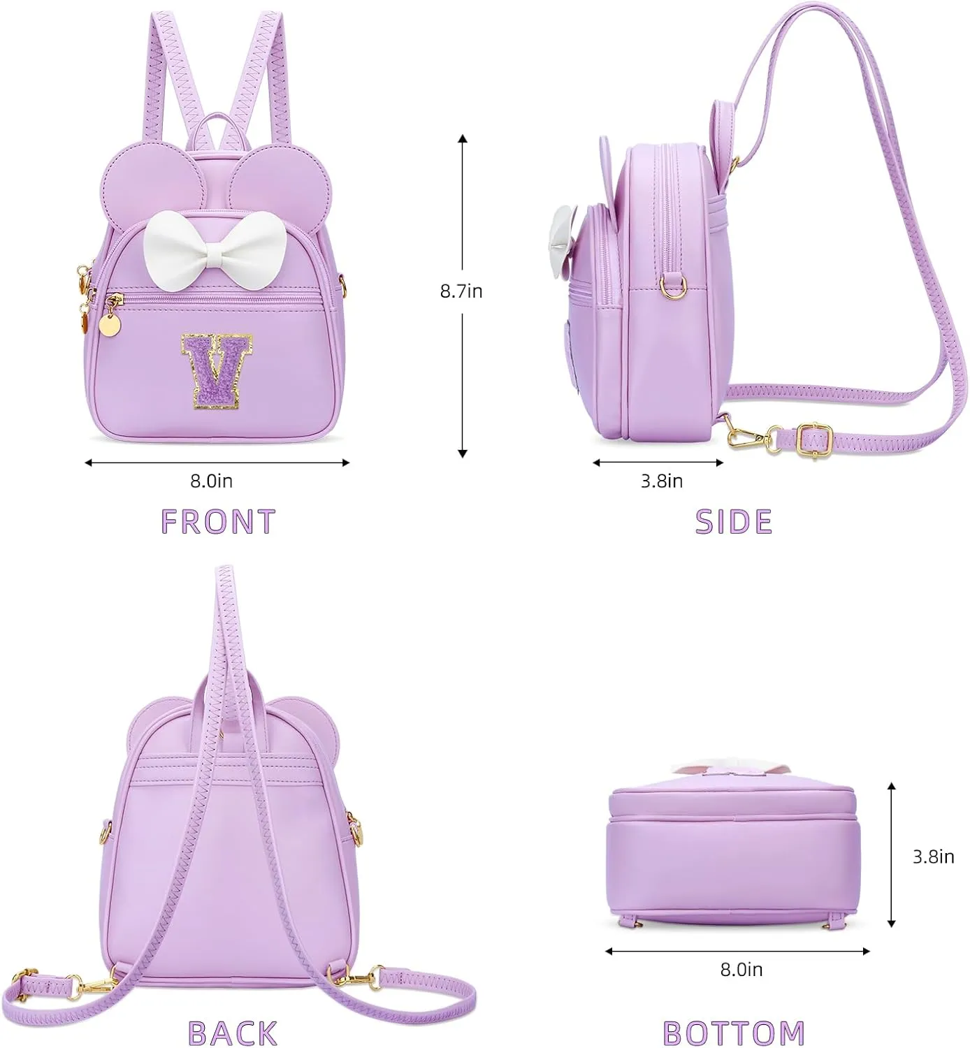 KKXIU Girls Initial Bowknot Cute Mini Backpack Small Women Daypacks, Personalized Trendy Stuff Gifts for Kids and Teen - Purple - V