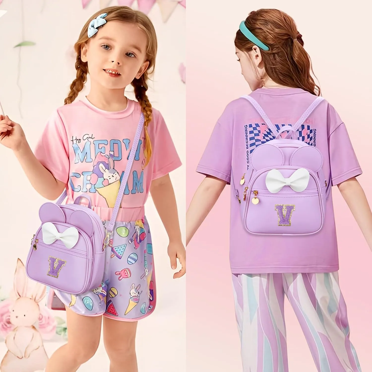 KKXIU Girls Initial Bowknot Cute Mini Backpack Small Women Daypacks, Personalized Trendy Stuff Gifts for Kids and Teen - Purple - V