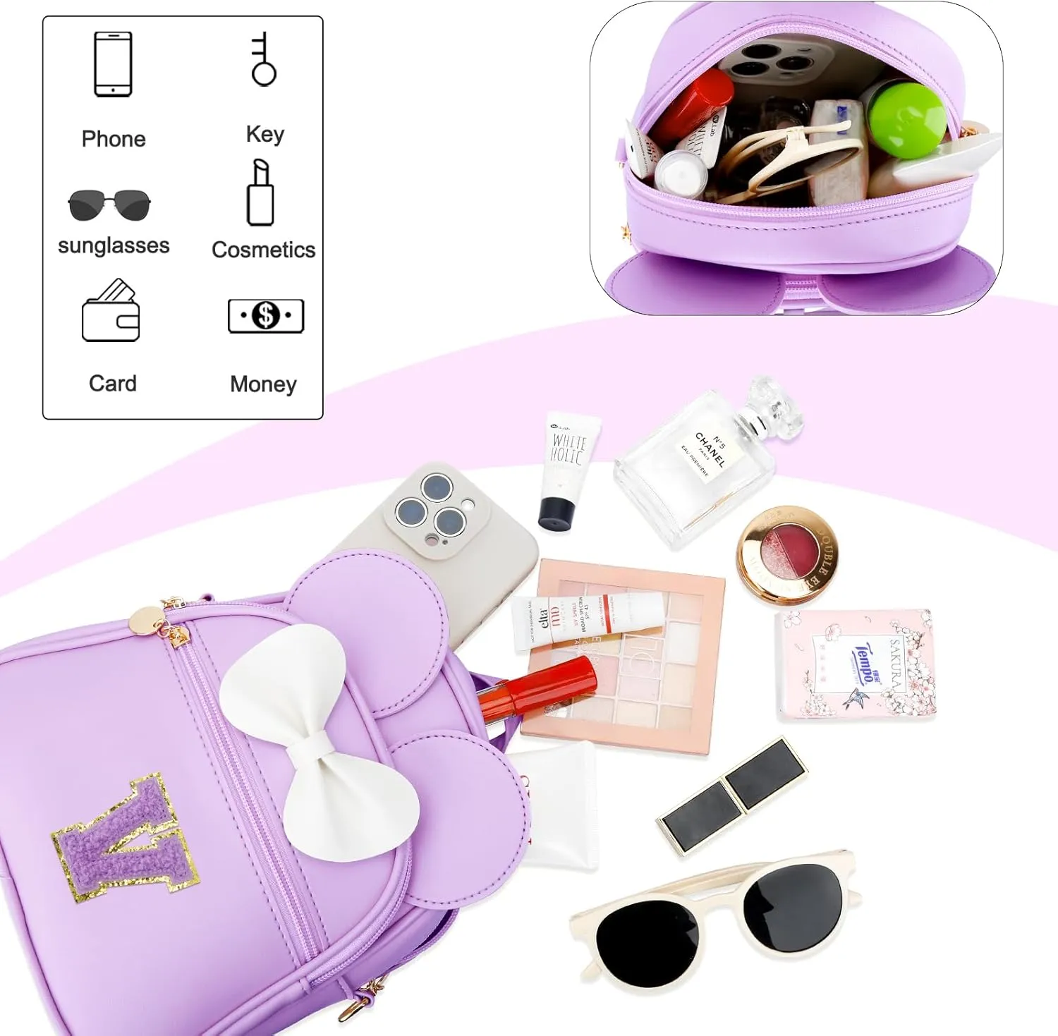 KKXIU Girls Initial Bowknot Cute Mini Backpack Small Women Daypacks, Personalized Trendy Stuff Gifts for Kids and Teen - Purple - V