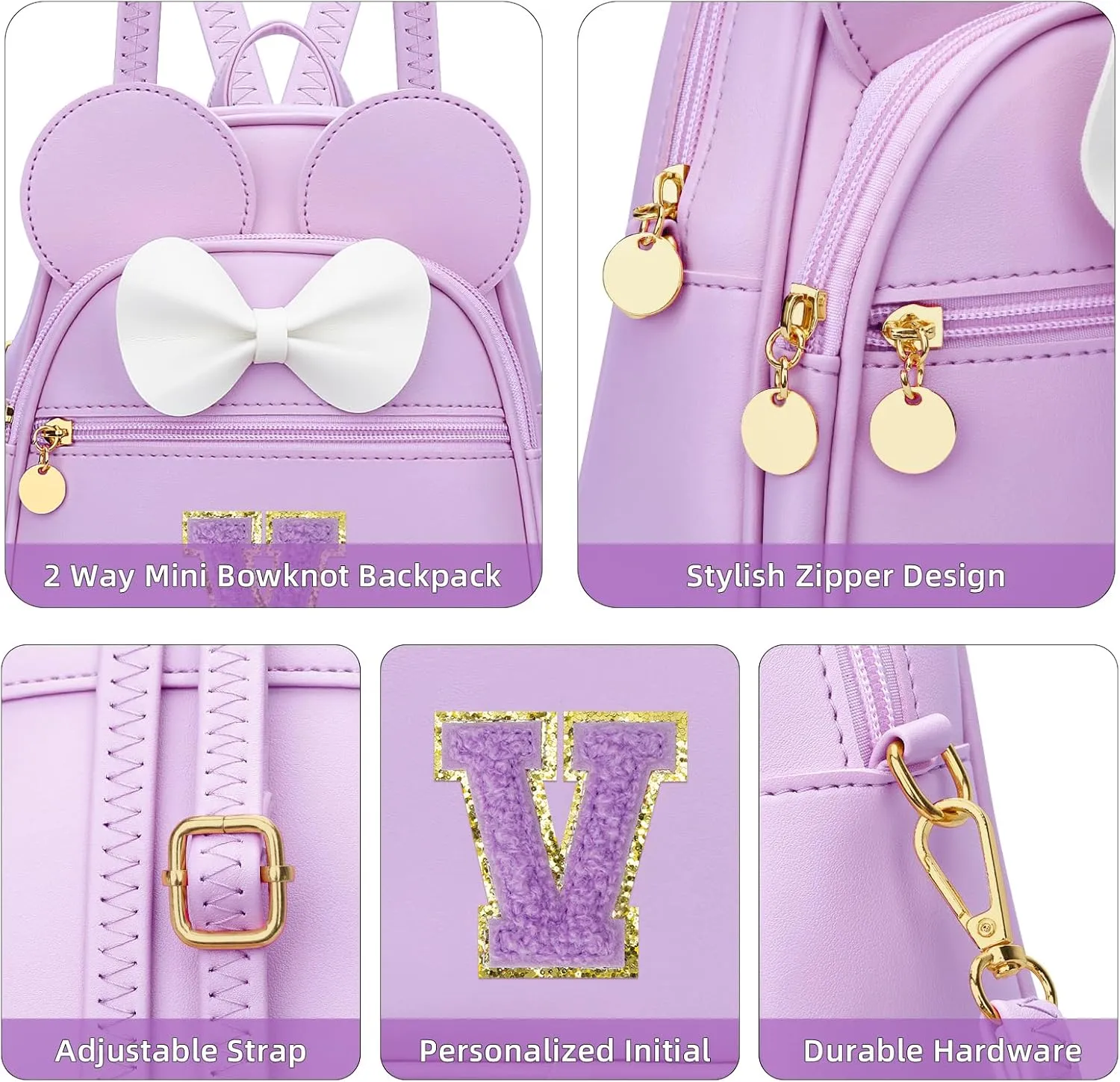KKXIU Girls Initial Bowknot Cute Mini Backpack Small Women Daypacks, Personalized Trendy Stuff Gifts for Kids and Teen - Purple - V