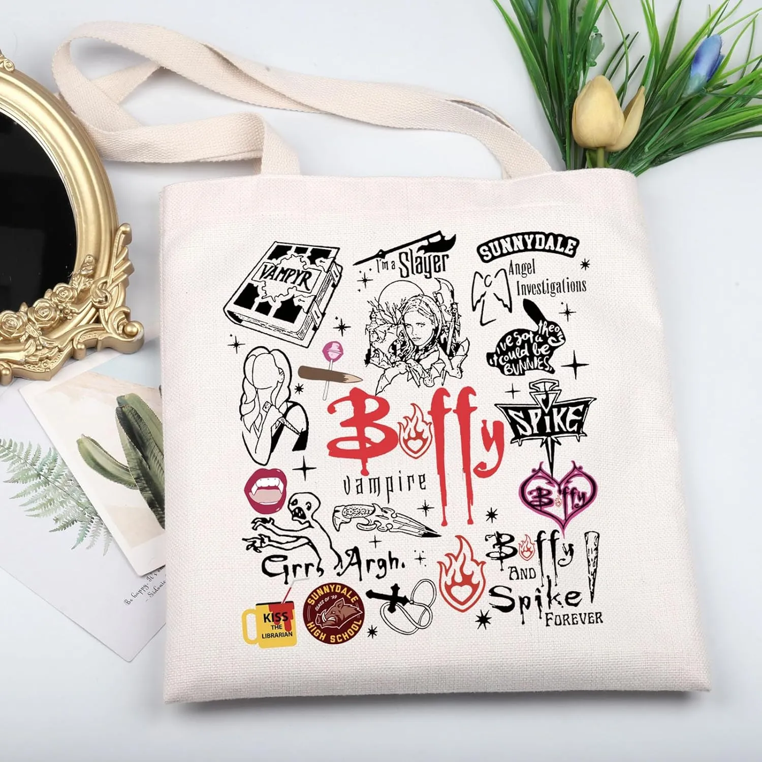KUIYAI Vampire Merchandise Inspired Tote Bag Vampire Lovers Shoulder Bag 90s TV Show Gift Vampire Character Gift (BufyVampireTote)