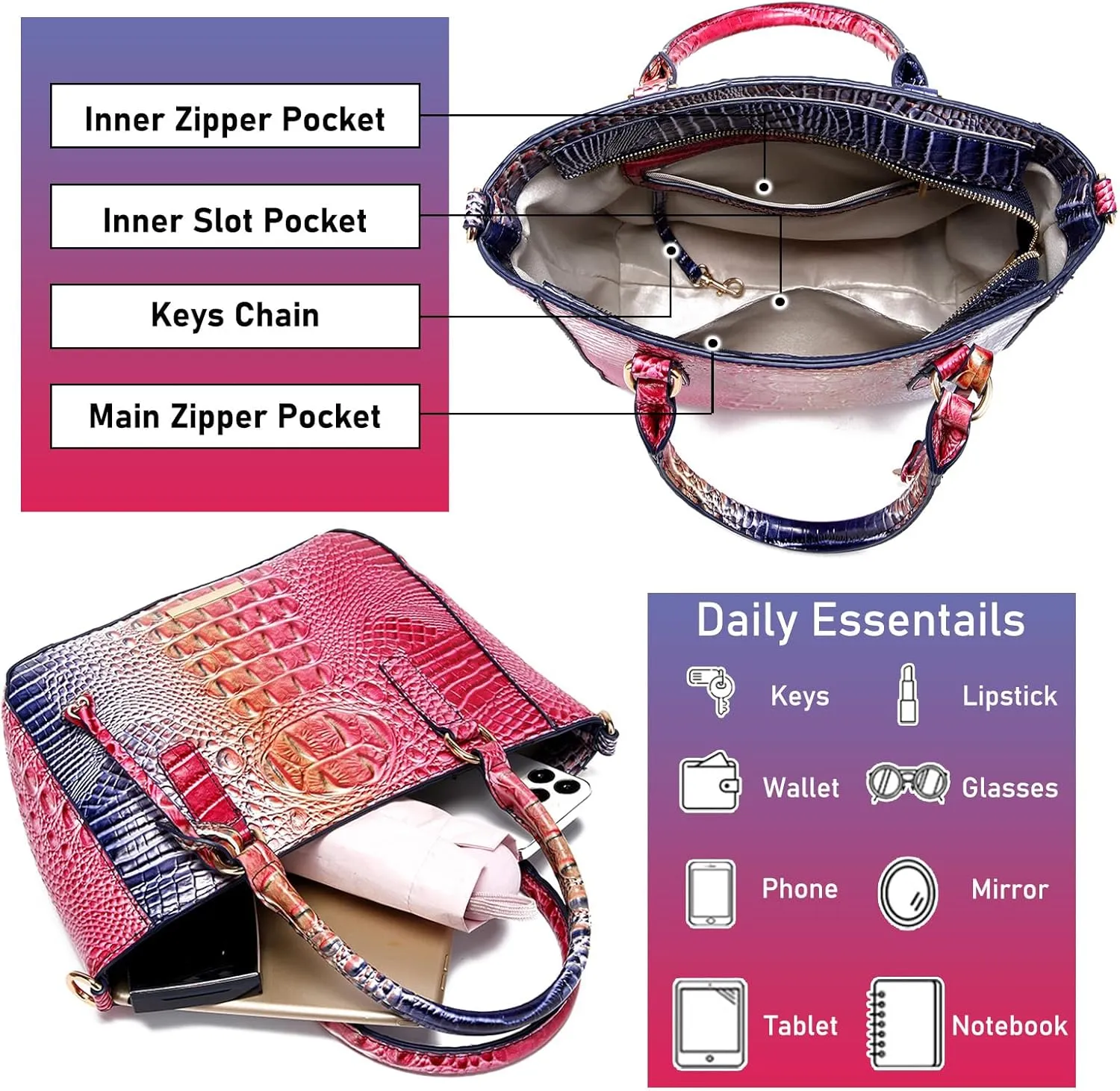 Ladies Tote Leather Bags for Women Crocodile Embossed Zipper Satchel Purse Elegant Compartments Crossbody Work