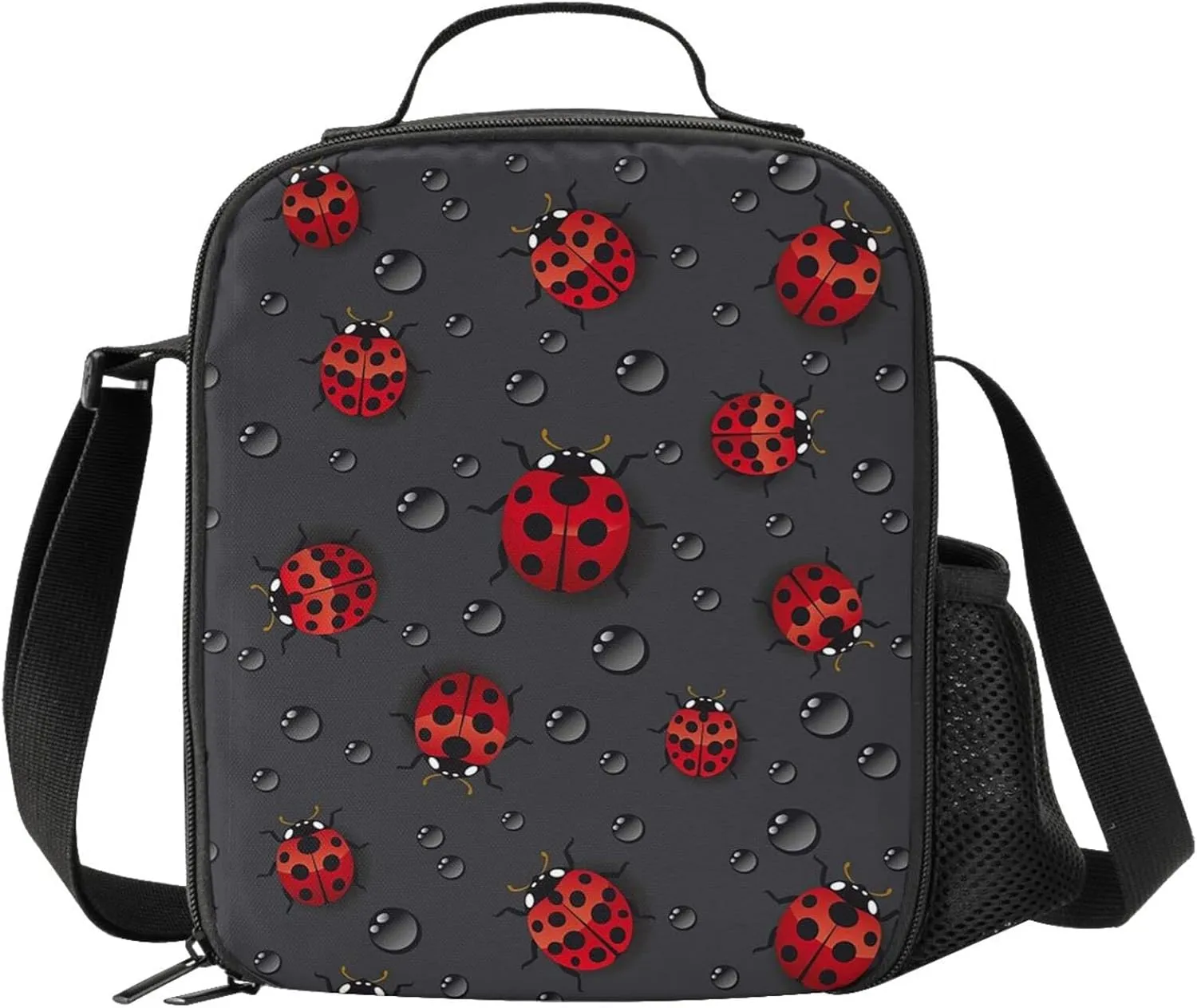 Ladybug Rain Kids Insulated Lunch Bag Small Cute Thermal Tote Bag Built Back to School Lunch Bags with Water Bottle Holder Shoulder Strap for Teens Girls Boys