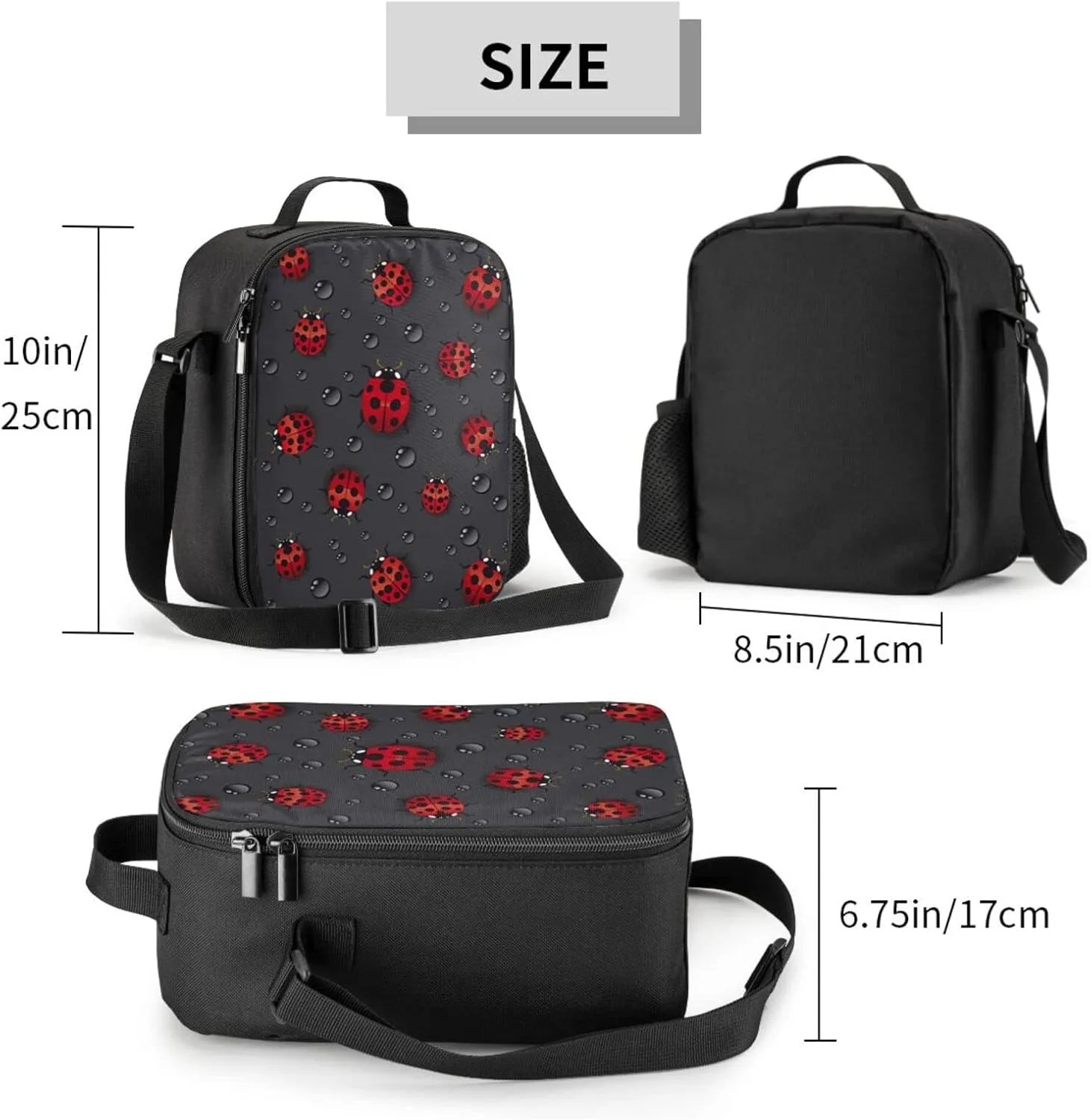 Ladybug Rain Kids Insulated Lunch Bag Small Cute Thermal Tote Bag Built Back to School Lunch Bags with Water Bottle Holder Shoulder Strap for Teens Girls Boys