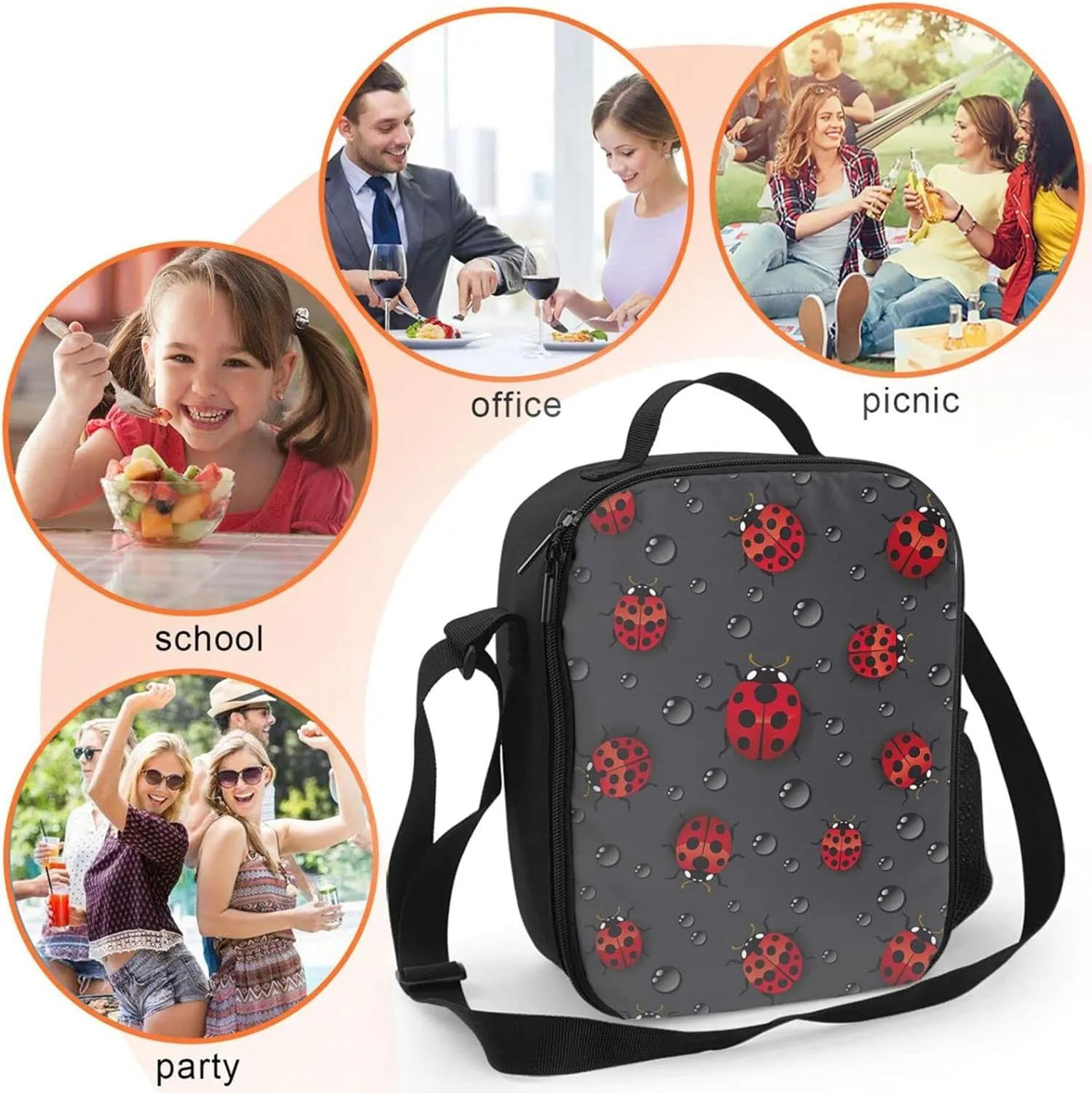 Ladybug Rain Kids Insulated Lunch Bag Small Cute Thermal Tote Bag Built Back to School Lunch Bags with Water Bottle Holder Shoulder Strap for Teens Girls Boys