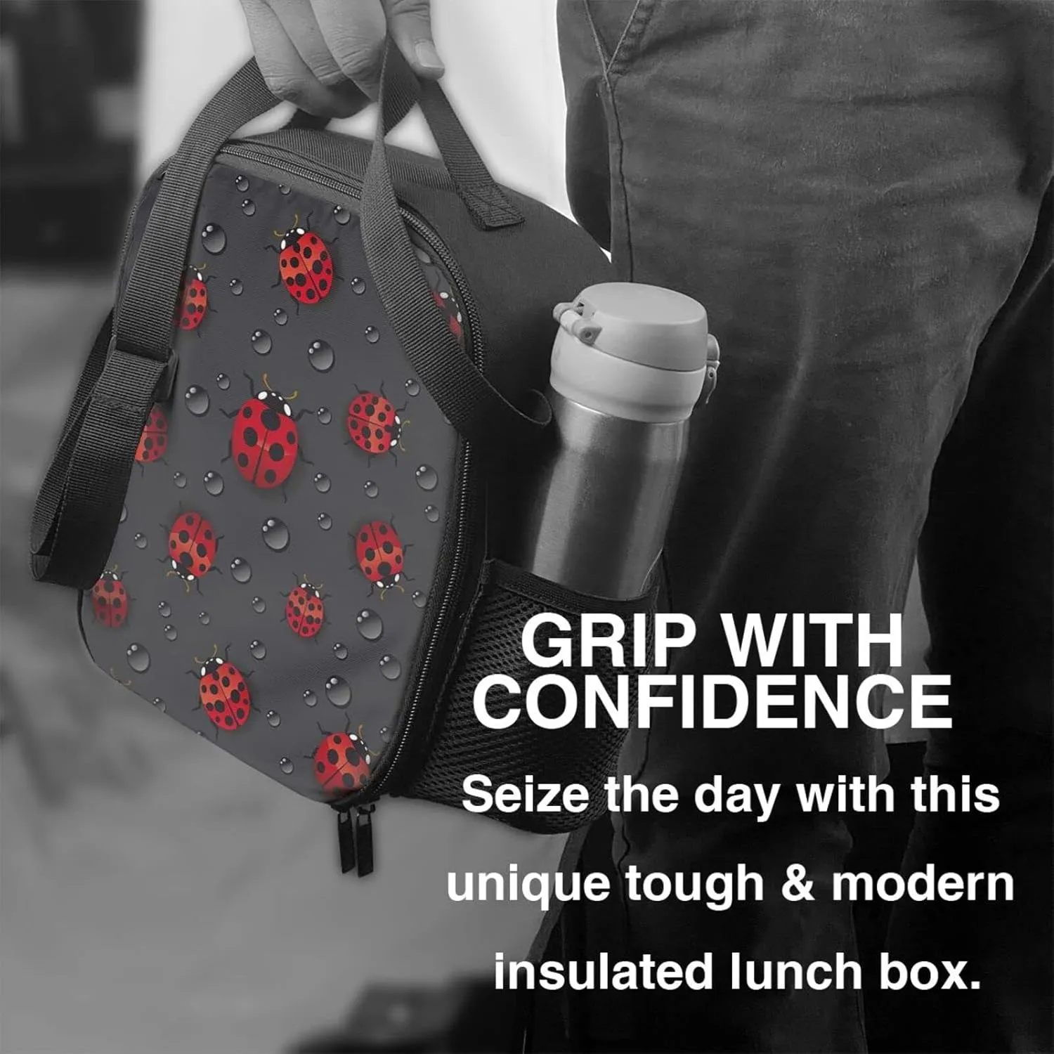 Ladybug Rain Kids Insulated Lunch Bag Small Cute Thermal Tote Bag Built Back to School Lunch Bags with Water Bottle Holder Shoulder Strap for Teens Girls Boys