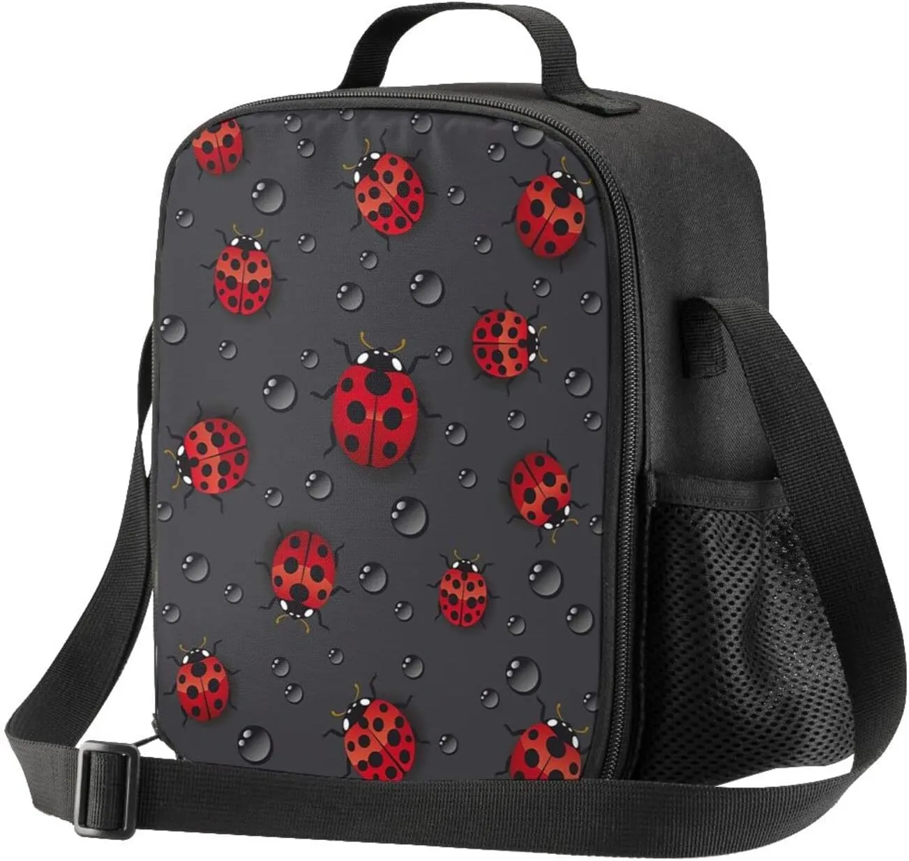 Ladybug Rain Kids Insulated Lunch Bag Small Cute Thermal Tote Bag Built Back to School Lunch Bags with Water Bottle Holder Shoulder Strap for Teens Girls Boys