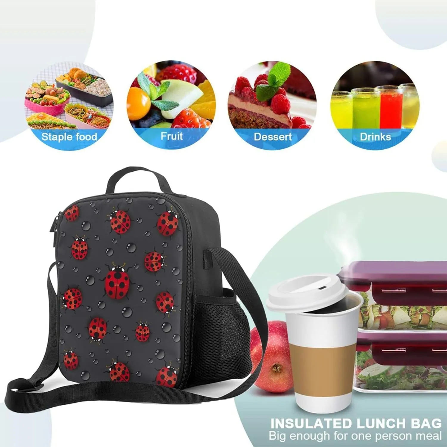 Ladybug Rain Kids Insulated Lunch Bag Small Cute Thermal Tote Bag Built Back to School Lunch Bags with Water Bottle Holder Shoulder Strap for Teens Girls Boys