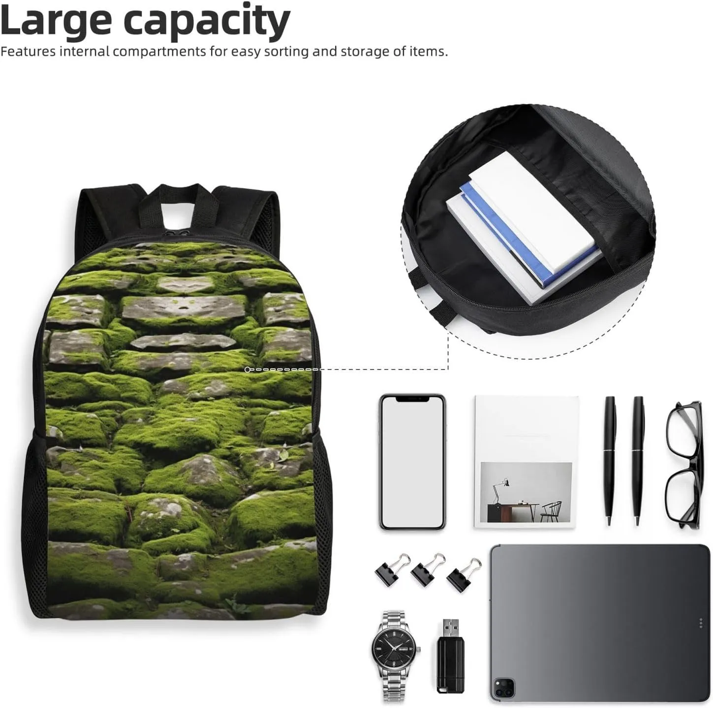 Laptop Backpack for Women Men Carry-on Backpack Moss Stone Pavement Daypack Lightweight Travel Shoulder Bags
