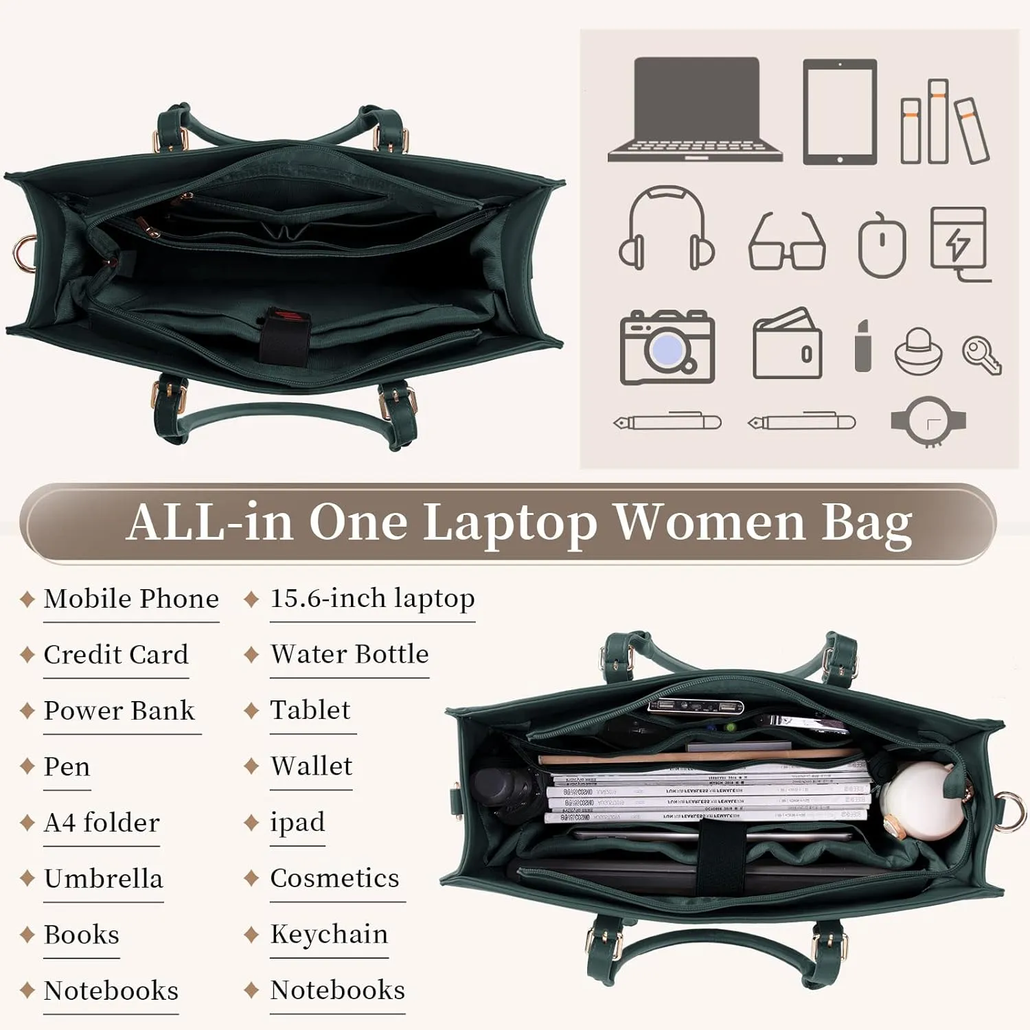 Laptop Bag for Women 15.6 inch Waterproof Laptop Tote Work Bag Leather Computer Tote Briefcase Bag Office Professional Large Capacity Handbag School Shoulder Green