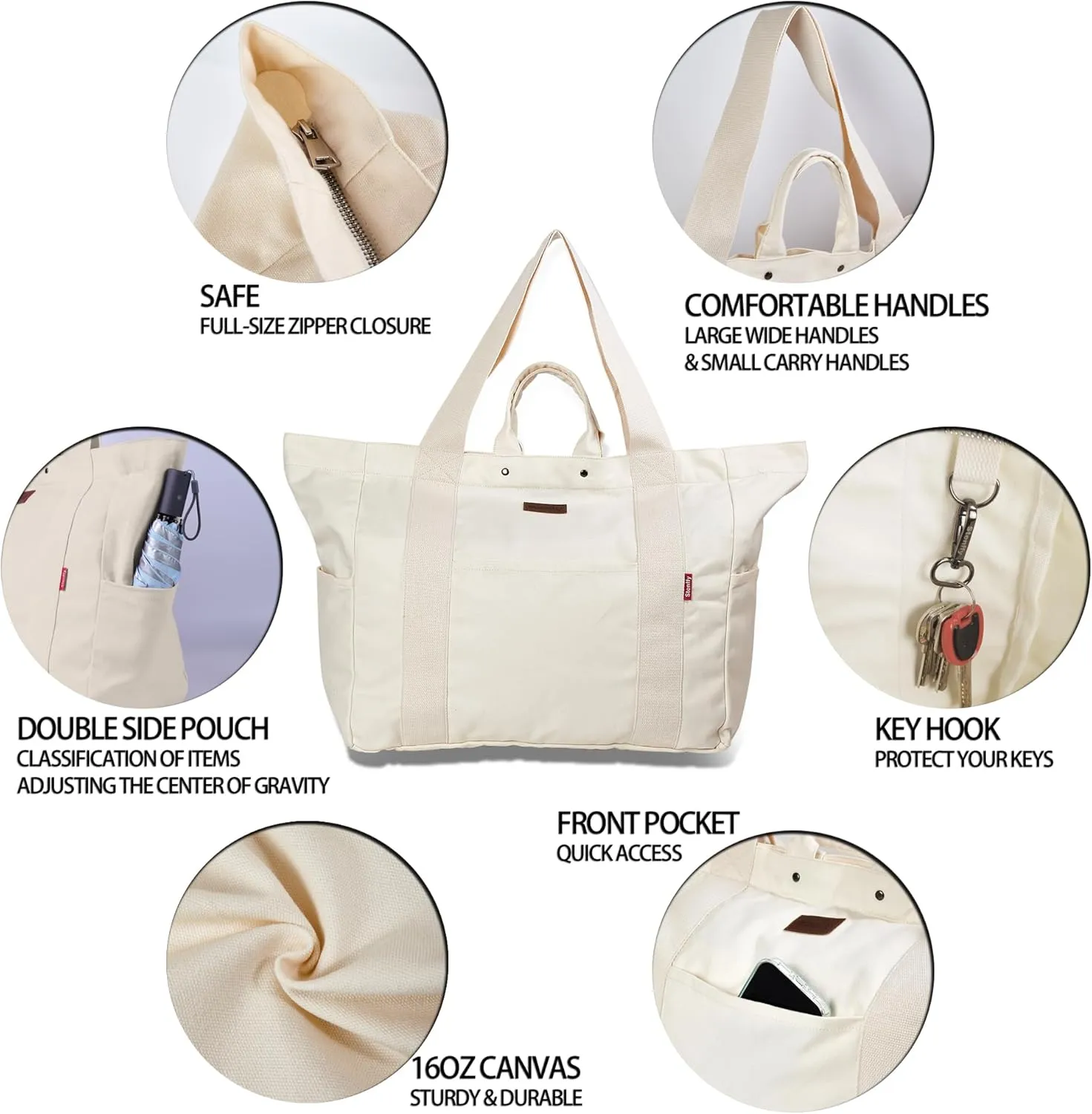 Large Tote Bag, Everything Bag, Heavy Duty Canvas, Full-Size Zipper, Reusable, Suitable for DIY, Natural Cotton.