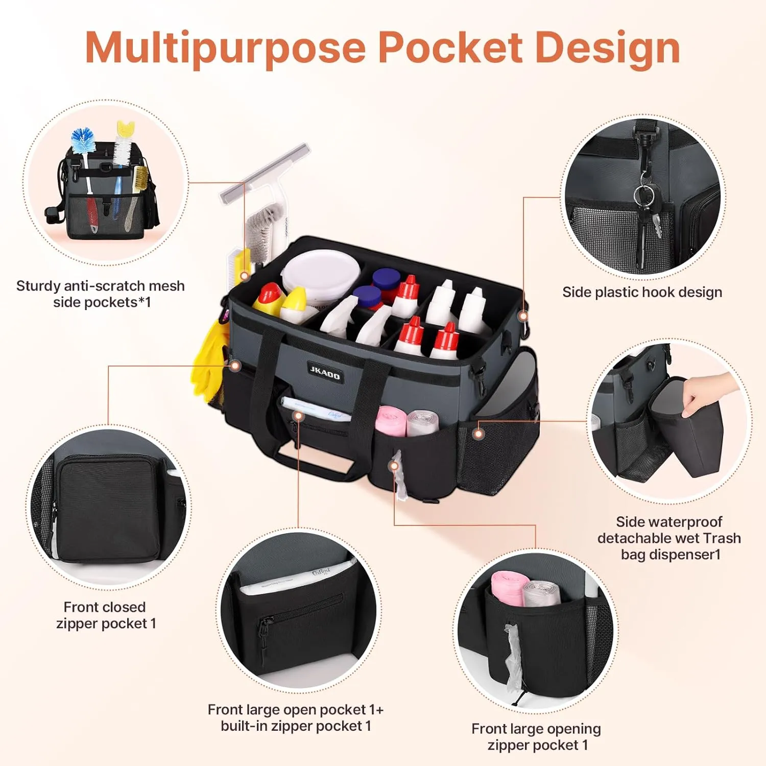 Large Wearable Cleaning Caddy Bags,Cleaning Supplies Storage Bag with Handles and Adjustable Shoulder Strap and Removable Waist Straps,Waterproof Cleaning Bags for Home,Car,Office (Gray)