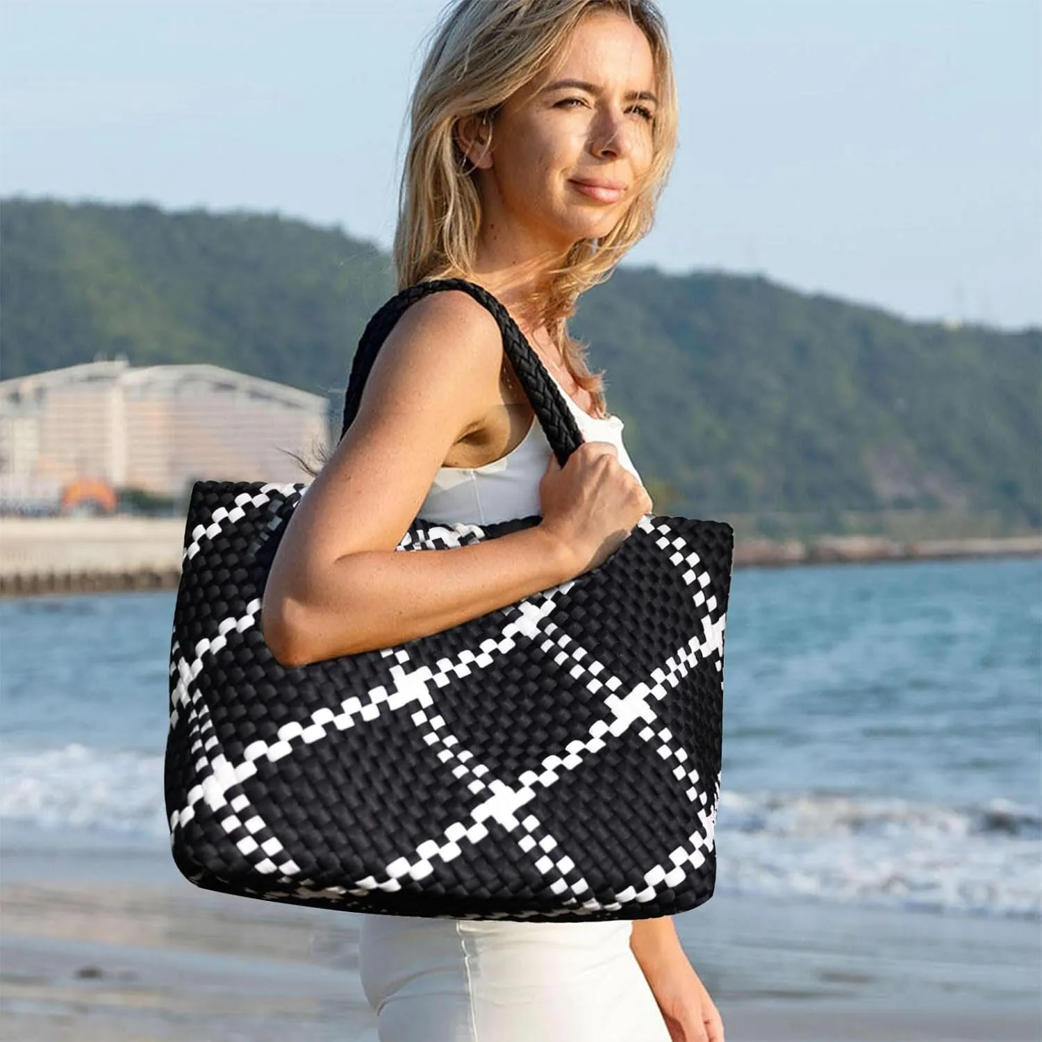 Large Woven Neoprene Tote for Women, Shopper Bag, Travel Braided Handbags, Beach Shoulder Purses