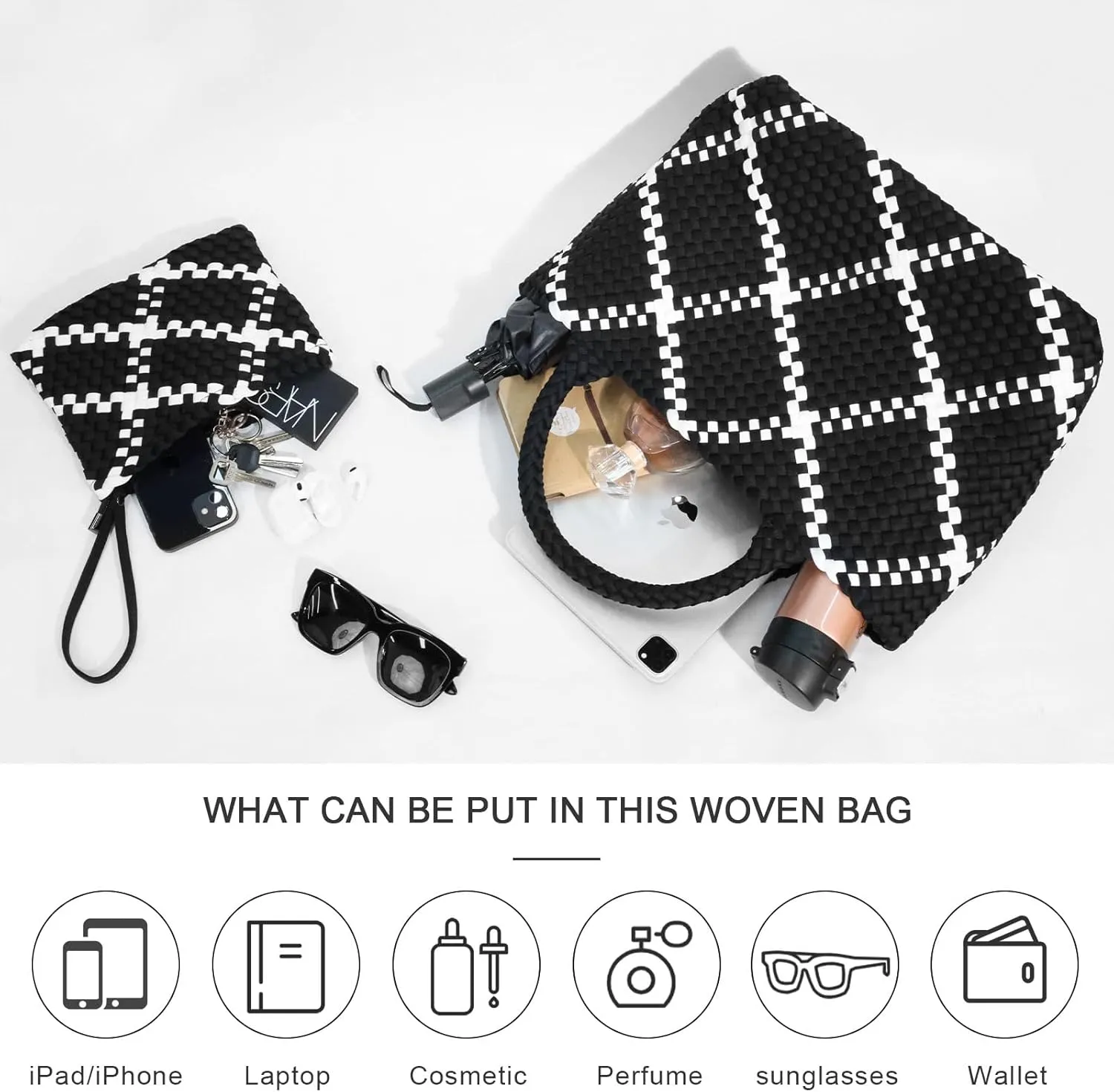 Large Woven Neoprene Tote for Women, Shopper Bag, Travel Braided Handbags, Beach Shoulder Purses