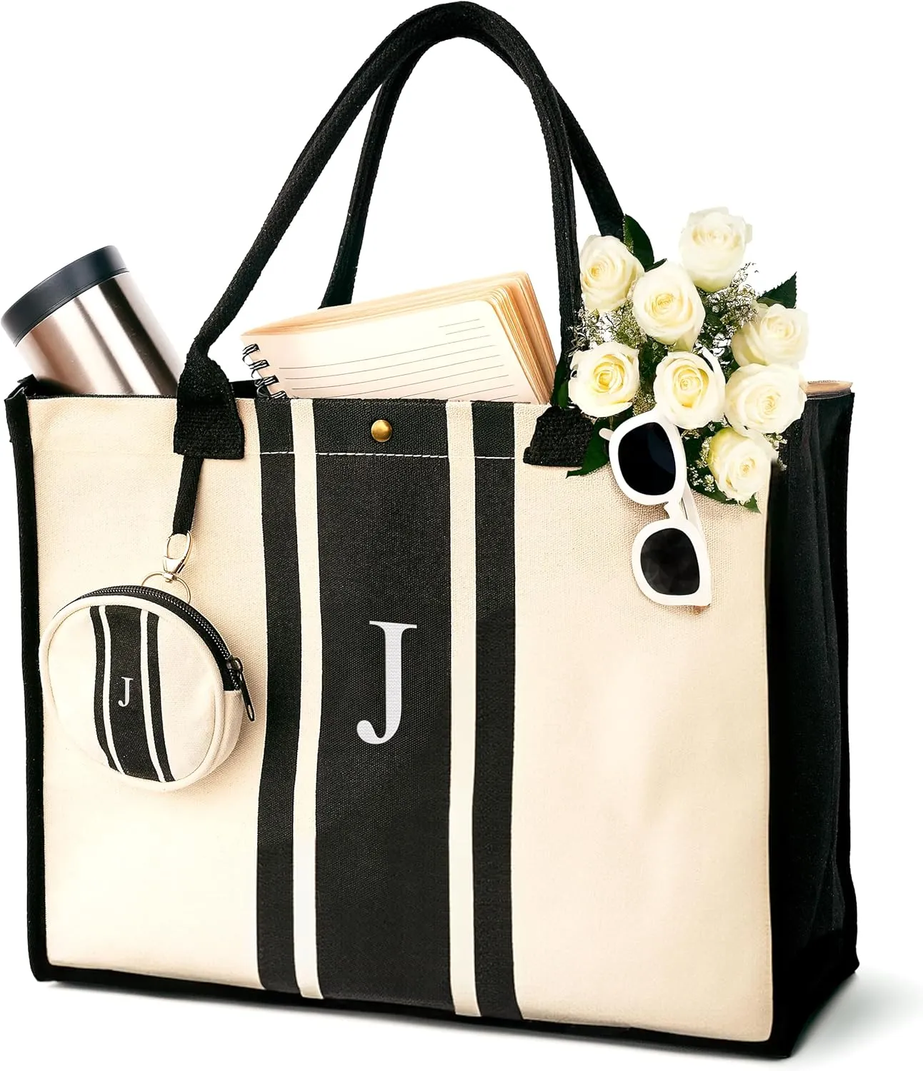 LEAFICO Initial Canvas Tote Bag - Embroidered Letter Beach Bag, Monogrammed Personalized Gift Bag For Women, Make Up Purse