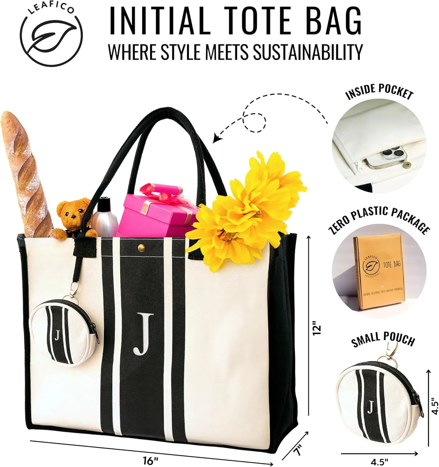 LEAFICO Initial Canvas Tote Bag - Embroidered Letter Beach Bag, Monogrammed Personalized Gift Bag For Women, Make Up Purse