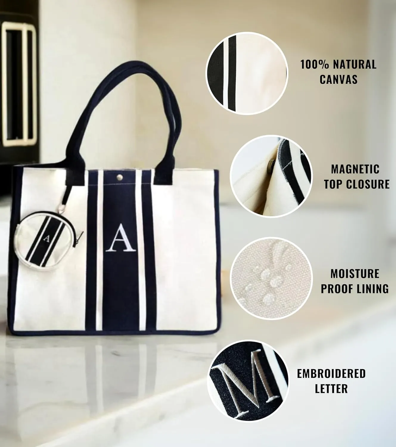 LEAFICO Initial Canvas Tote Bag - Embroidered Letter Beach Bag, Monogrammed Personalized Gift Bag For Women, Make Up Purse