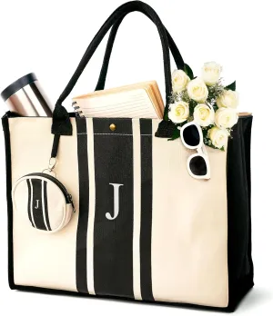LEAFICO Initial Canvas Tote Bag - Embroidered Letter Beach Bag, Monogrammed Personalized Gift Bag For Women, Make Up Purse