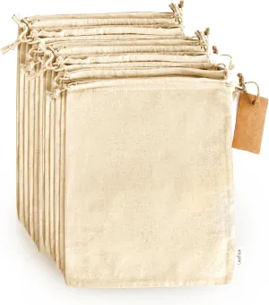 LEAFICO Multipurpose Eco Cloth Bags - Large 10x12 Inch 12 Pcs - Cotton Produce Storage Sacks - Muslin Drawstring Pouches for Vegetables - Bread Bags - Linen Fabric Sachets