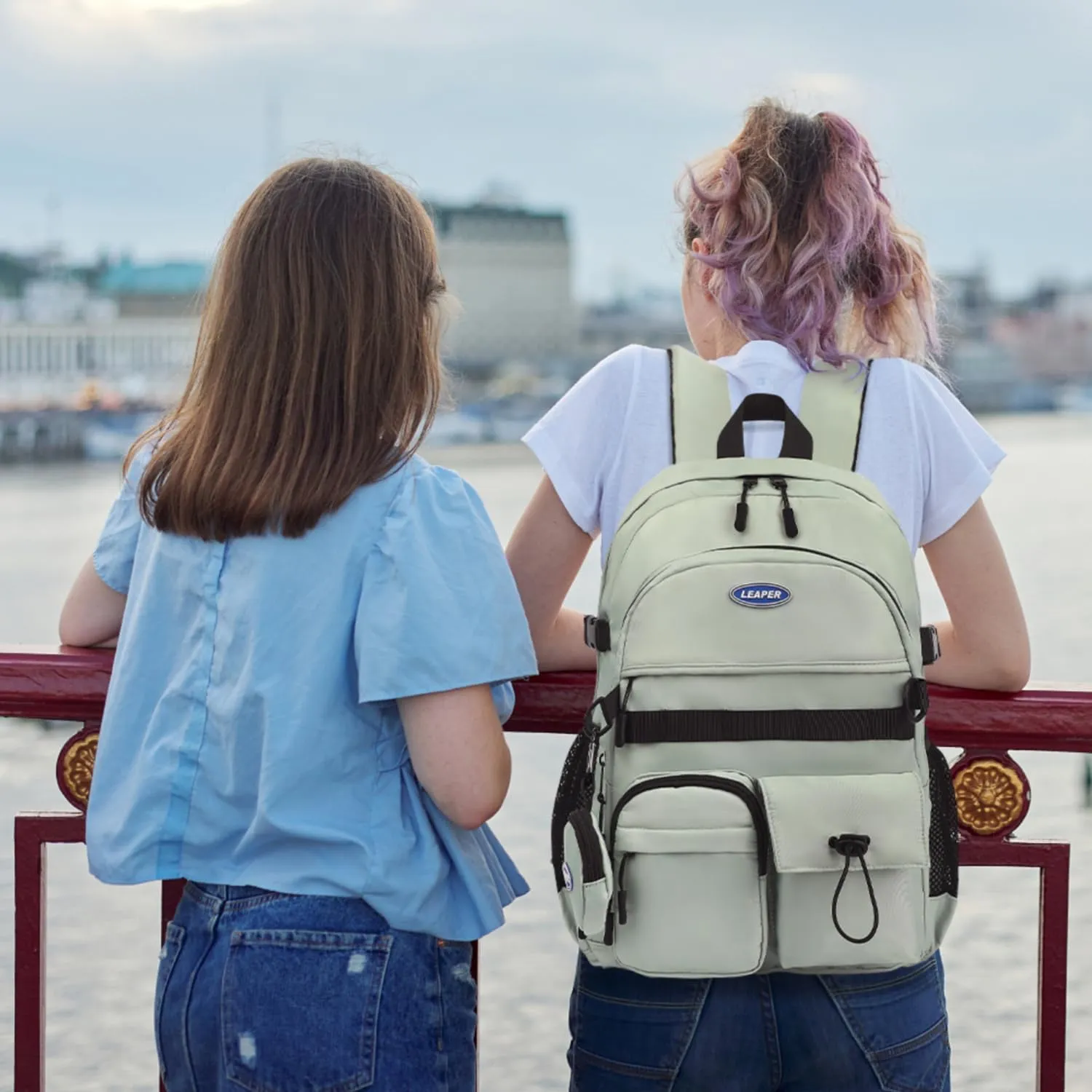 Leaper School Laptop Backpack for Women: Water Resistant Travel Backpack with Water Bottle Pocket - Laptop Bag for College Work - Lightweight Bookbag for Kids Girls Boys Green