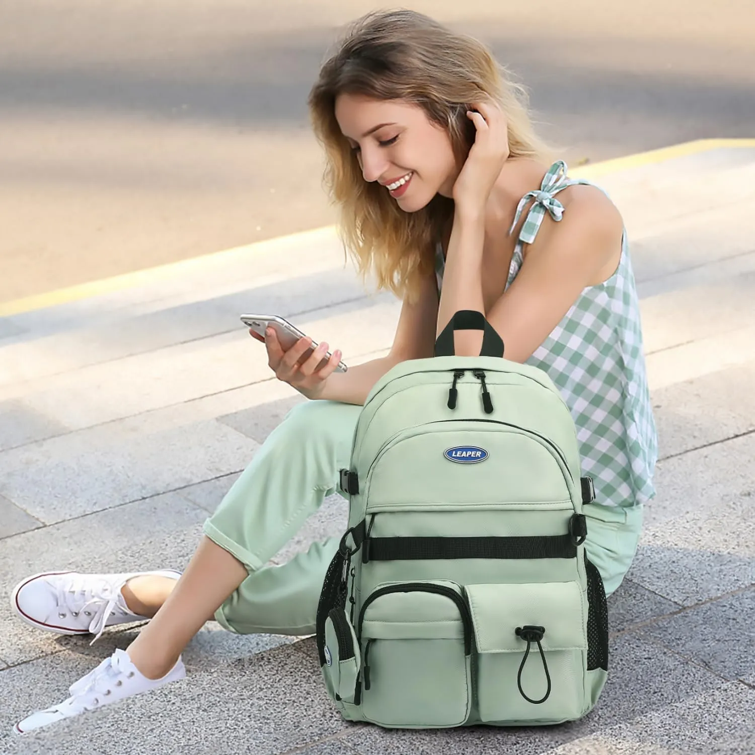 Leaper School Laptop Backpack for Women: Water Resistant Travel Backpack with Water Bottle Pocket - Laptop Bag for College Work - Lightweight Bookbag for Kids Girls Boys Green