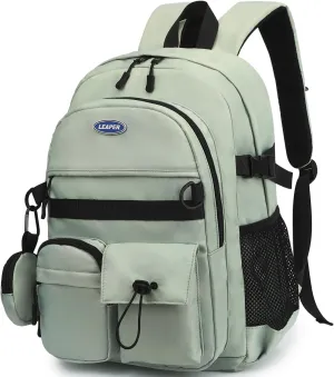 Leaper School Laptop Backpack for Women: Water Resistant Travel Backpack with Water Bottle Pocket - Laptop Bag for College Work - Lightweight Bookbag for Kids Girls Boys Green