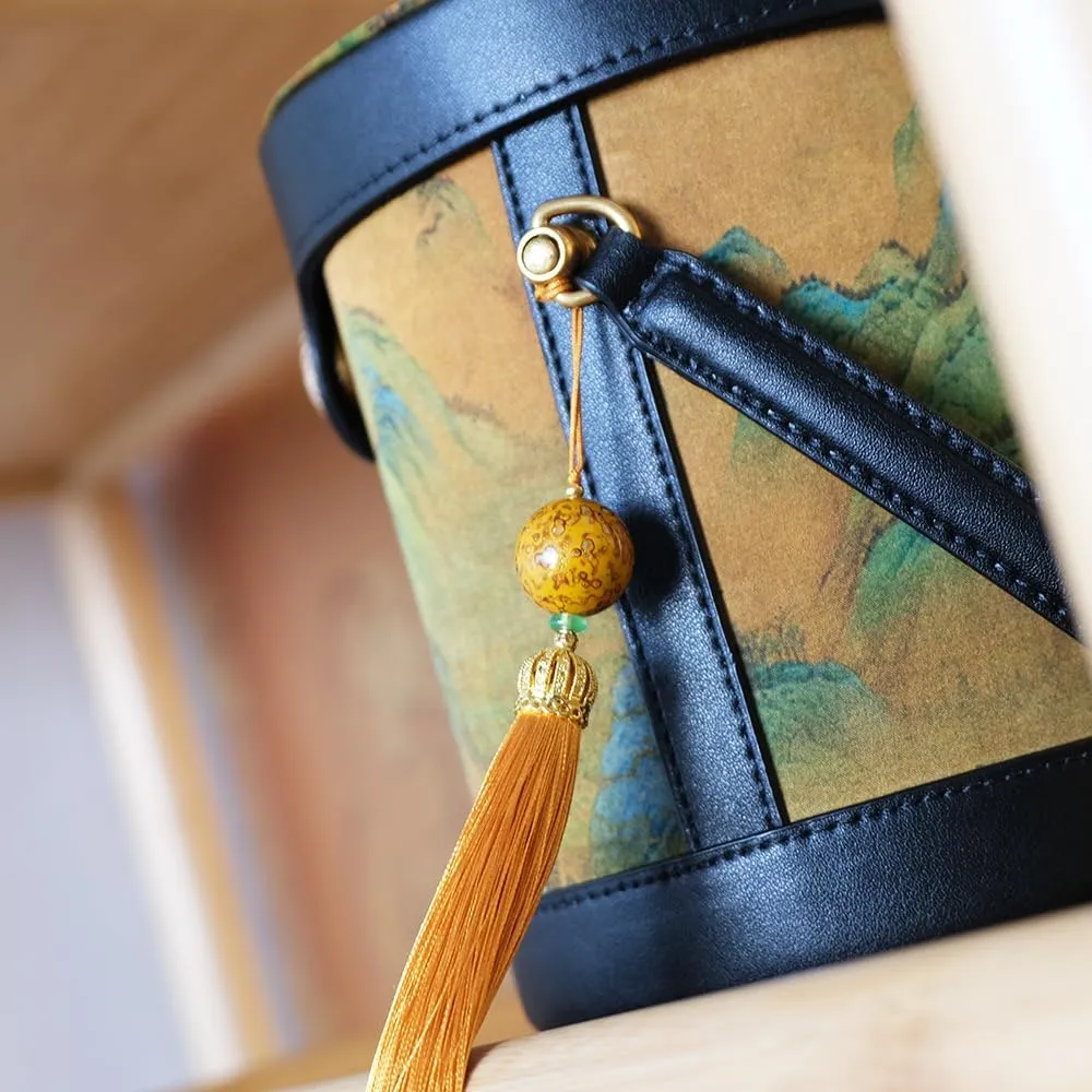 Leather Cowhide Bucket Bag Crossbody Bag for Women Fashion Cylinder Clutch Bag Tassel Handbag