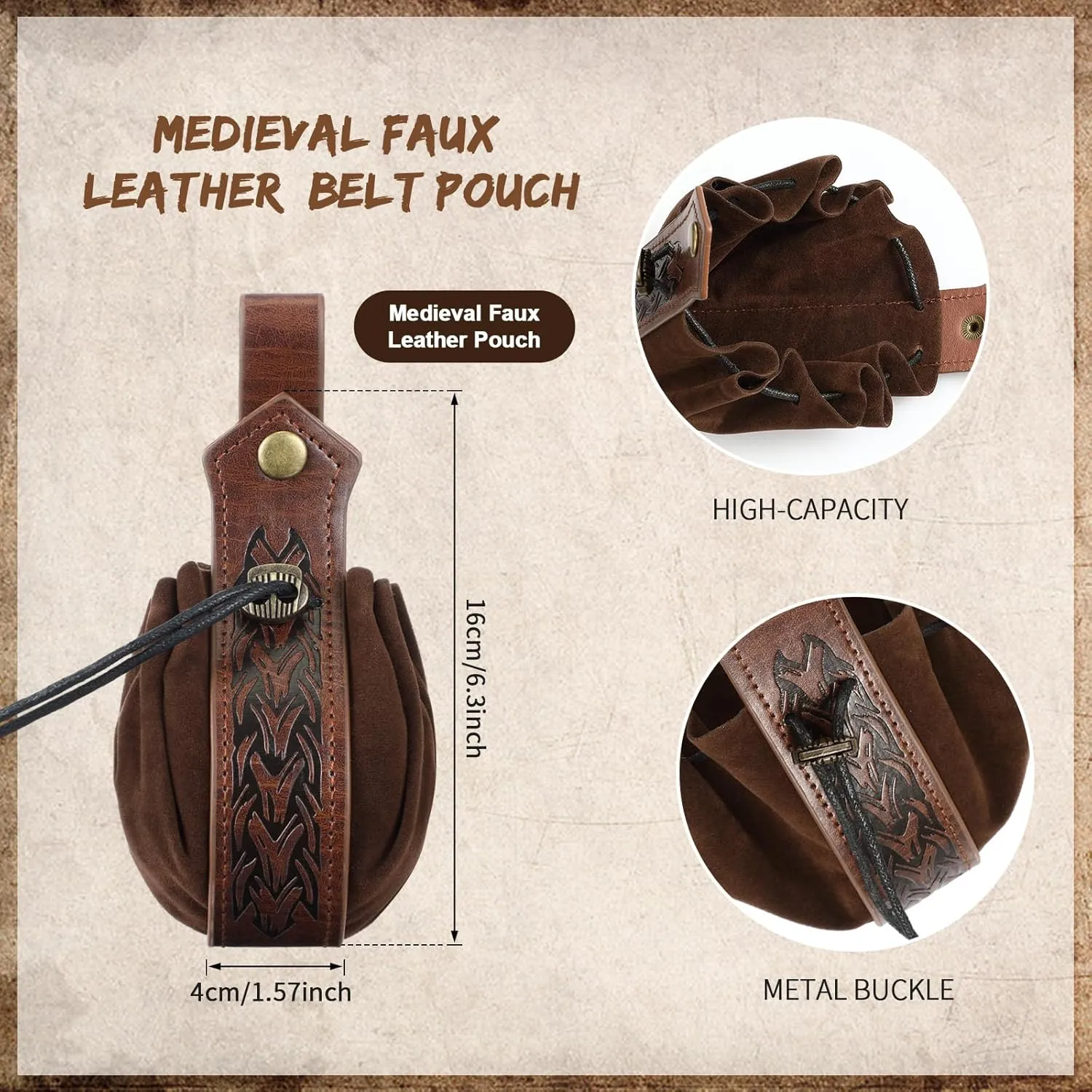 LEIFIDE 2 Pcs Medieval Faux Leather Drawstring Purse Belt Pouch Vintage Renaissance Dice Bag for Men Women Costume Accessories (Black, Brown)