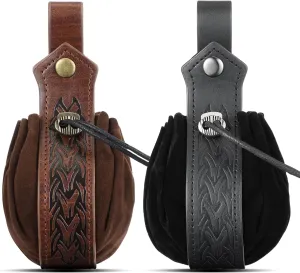 LEIFIDE 2 Pcs Medieval Faux Leather Drawstring Purse Belt Pouch Vintage Renaissance Dice Bag for Men Women Costume Accessories (Black, Brown)
