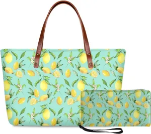 Lemon Print Tote Bag for Women Polyester Handbag and Wallet Set Shoulder Bag Top Handle Bag Tote Purse with Wristlet Strap 2Pcs