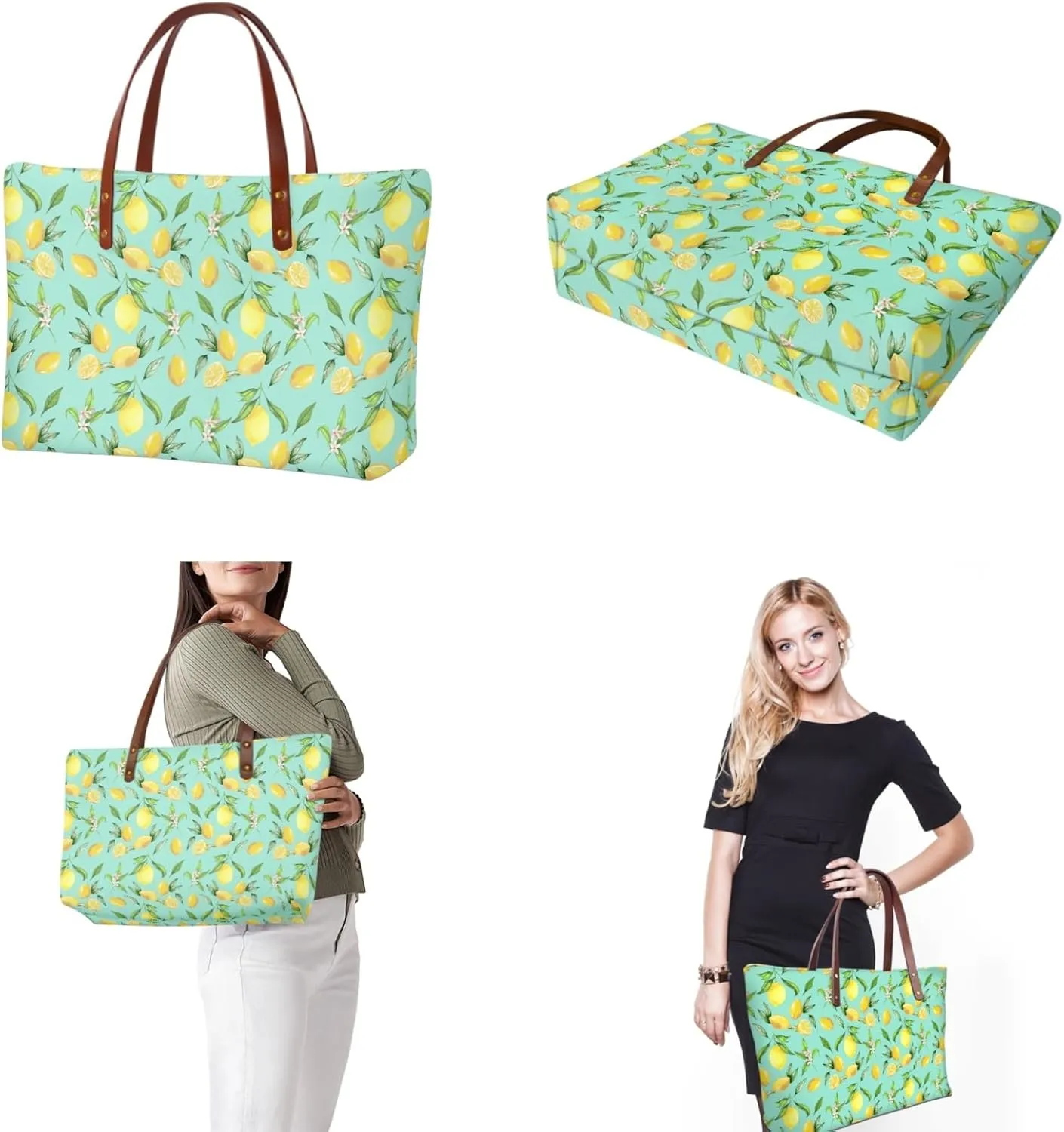 Lemon Print Tote Bag for Women Polyester Handbag and Wallet Set Shoulder Bag Top Handle Bag Tote Purse with Wristlet Strap 2Pcs