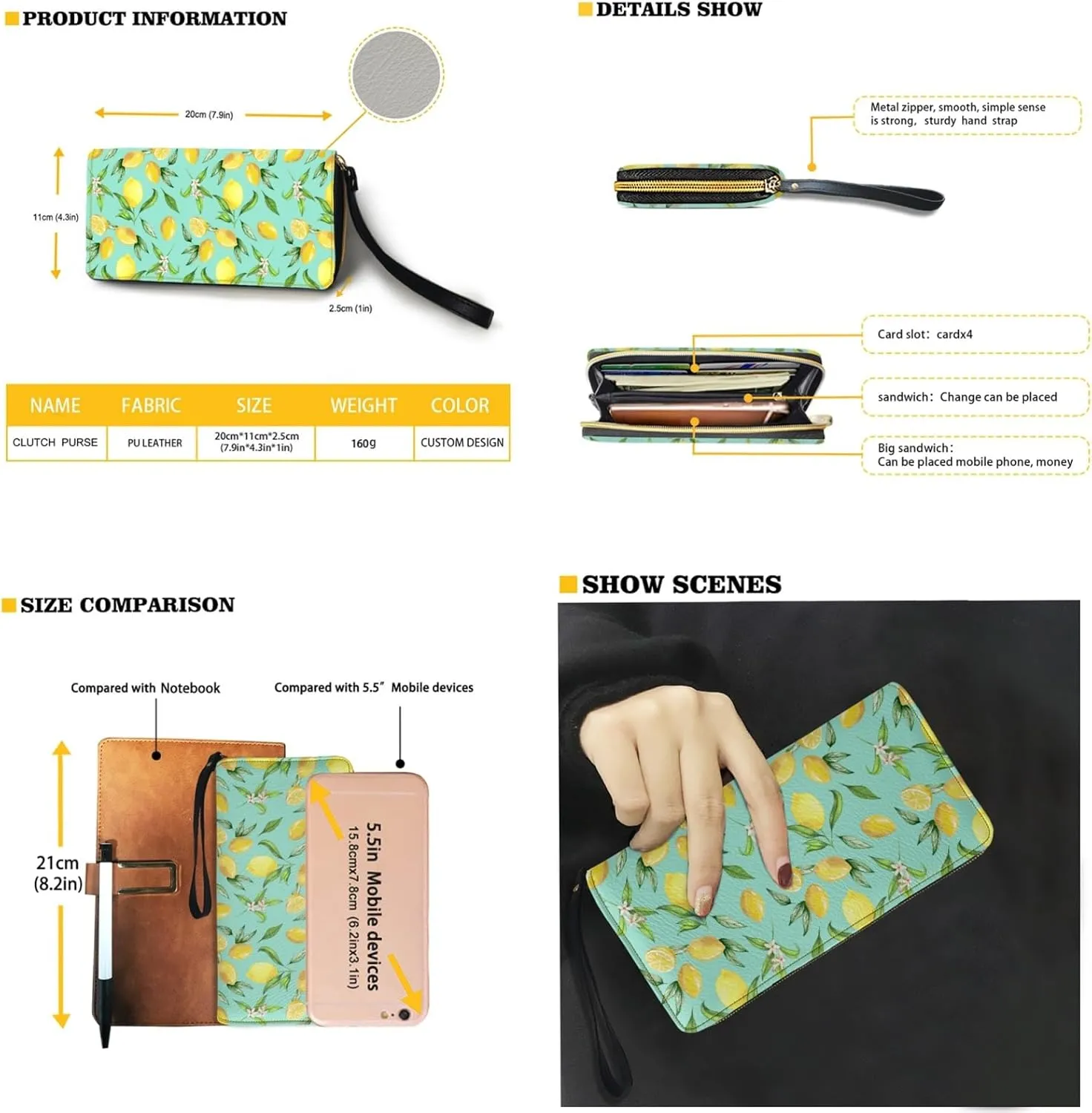 Lemon Print Tote Bag for Women Polyester Handbag and Wallet Set Shoulder Bag Top Handle Bag Tote Purse with Wristlet Strap 2Pcs