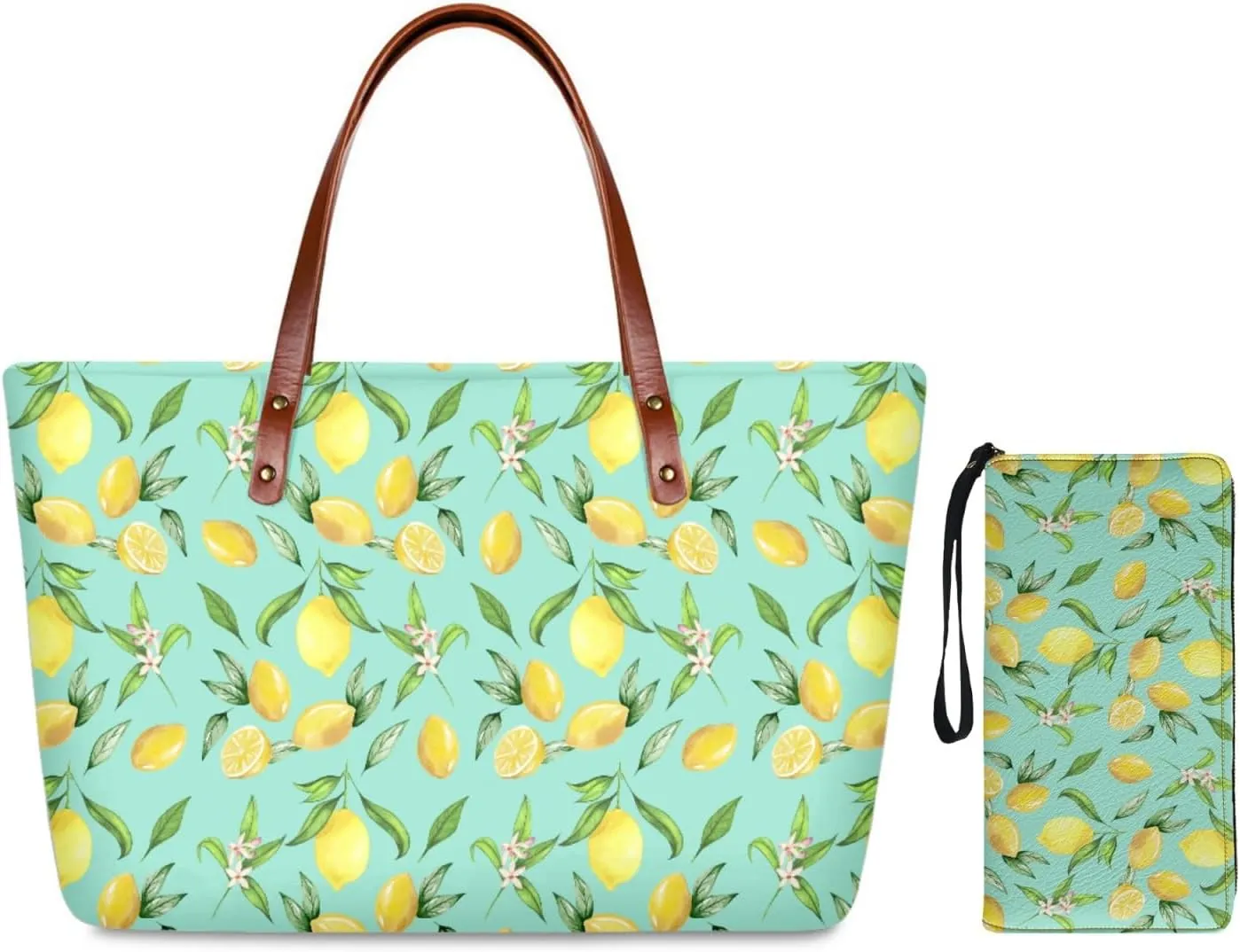 Lemon Print Tote Bag for Women Polyester Handbag and Wallet Set Shoulder Bag Top Handle Bag Tote Purse with Wristlet Strap 2Pcs