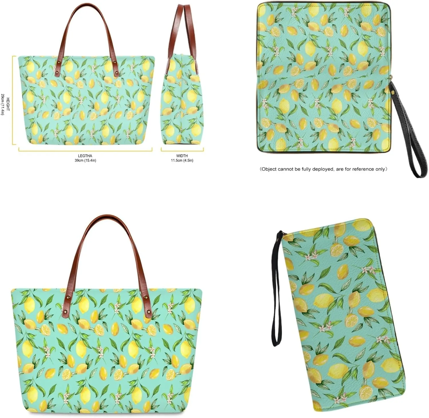 Lemon Print Tote Bag for Women Polyester Handbag and Wallet Set Shoulder Bag Top Handle Bag Tote Purse with Wristlet Strap 2Pcs