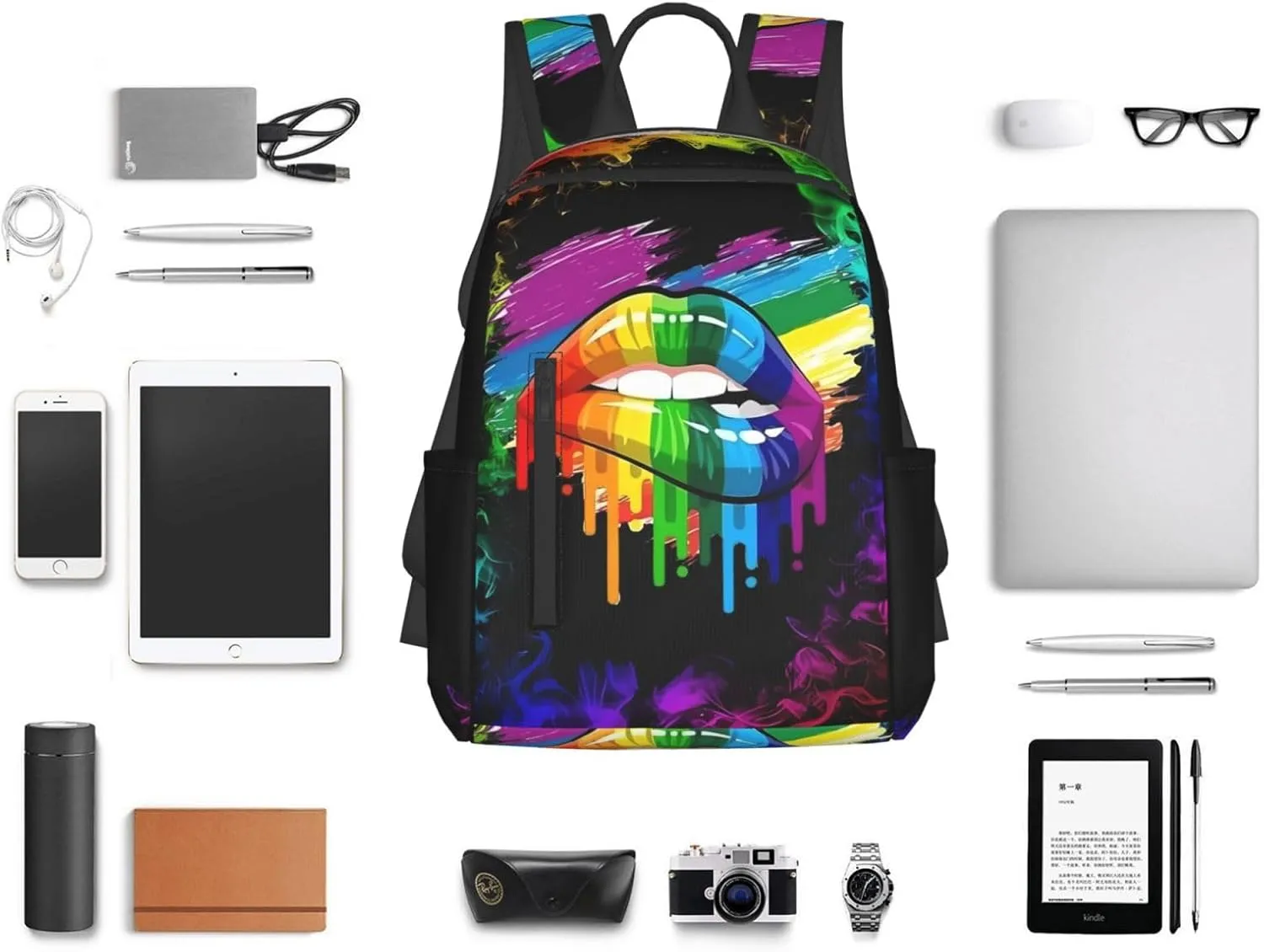 LGBT Gay Lesbian Pride Rainbow Lip Graffiti Heart Travel Laptop Backpack Casual Backpacks Double Shoulder Daypack Notebook Rucksack Work Bags Sports Bag for Hiking Camping Beach