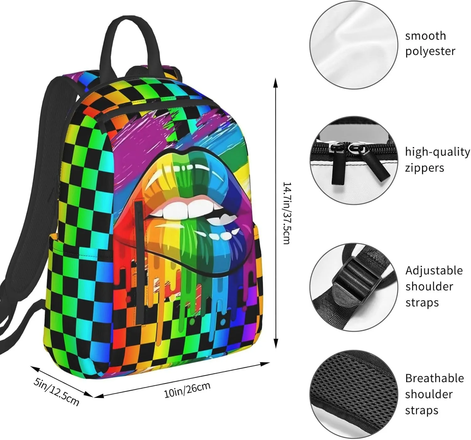 LGBT Gay Lesbian Pride Rainbow Lip Graffiti Heart Travel Laptop Backpack Casual Backpacks Double Shoulder Daypack Notebook Rucksack Work Bags Sports Bag for Hiking Camping Beach