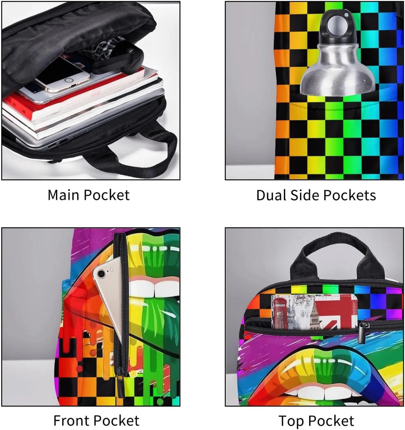 LGBT Gay Lesbian Pride Rainbow Lip Graffiti Heart Travel Laptop Backpack Casual Backpacks Double Shoulder Daypack Notebook Rucksack Work Bags Sports Bag for Hiking Camping Beach