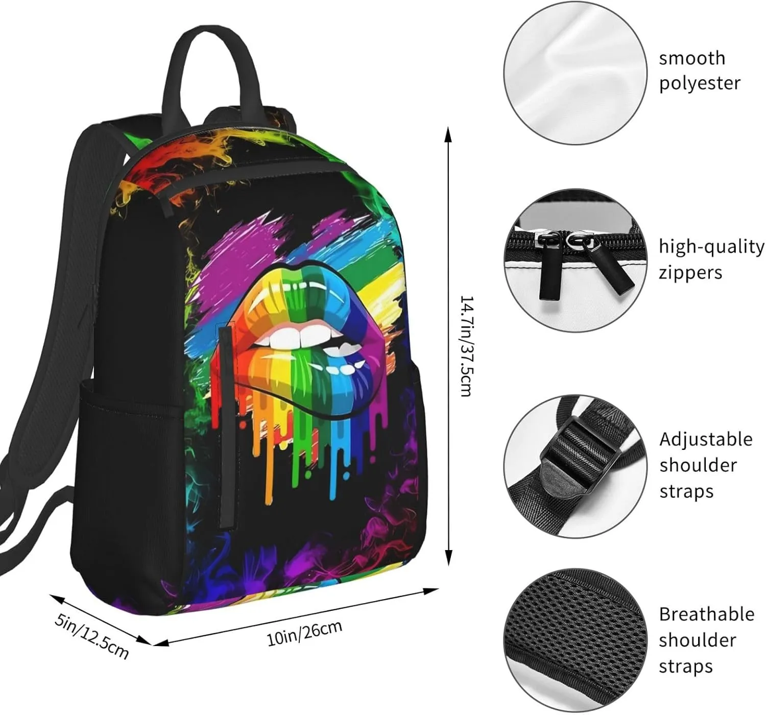 LGBT Gay Lesbian Pride Rainbow Lip Graffiti Heart Travel Laptop Backpack Casual Backpacks Double Shoulder Daypack Notebook Rucksack Work Bags Sports Bag for Hiking Camping Beach