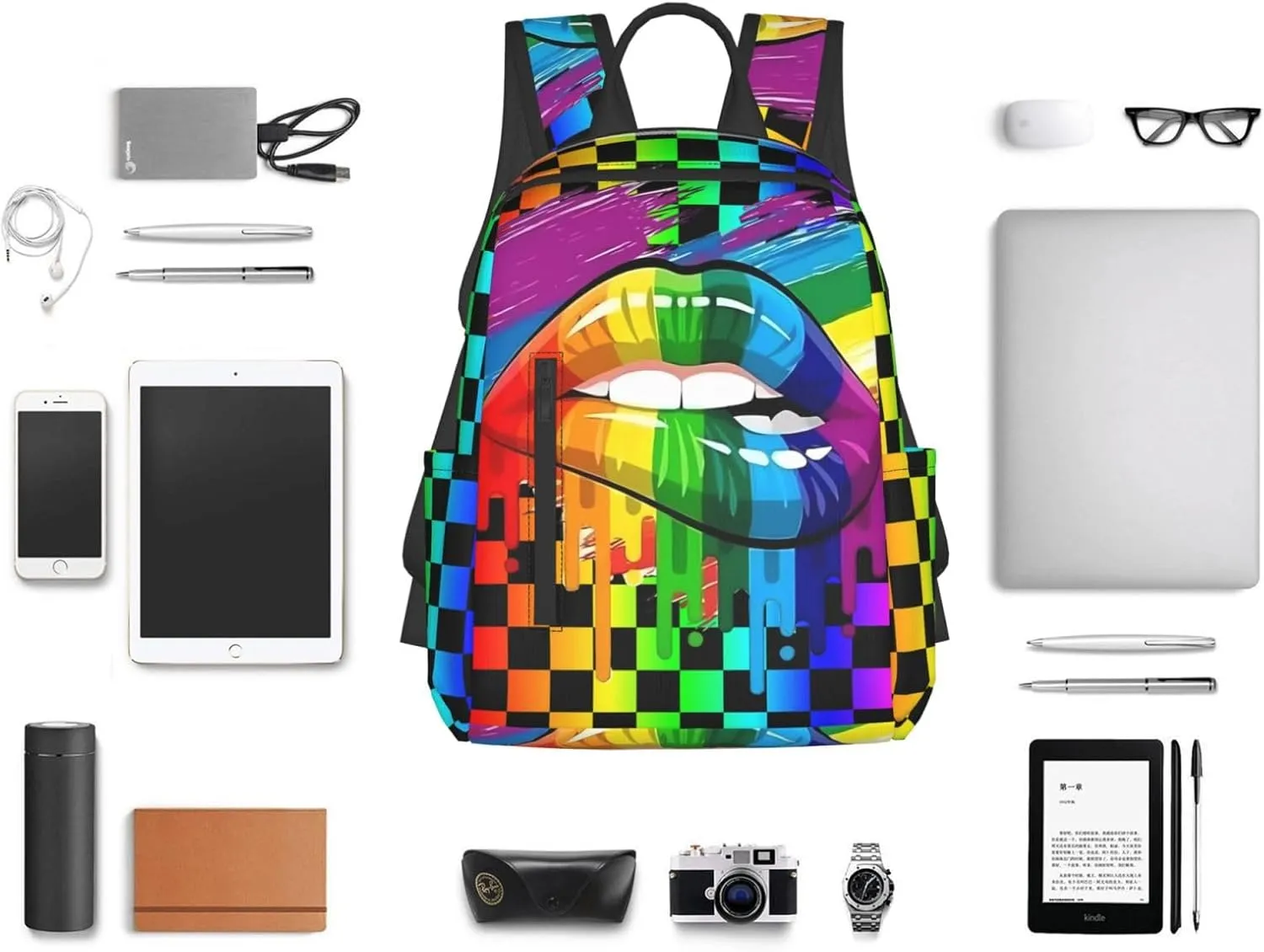 LGBT Gay Lesbian Pride Rainbow Lip Graffiti Heart Travel Laptop Backpack Casual Backpacks Double Shoulder Daypack Notebook Rucksack Work Bags Sports Bag for Hiking Camping Beach