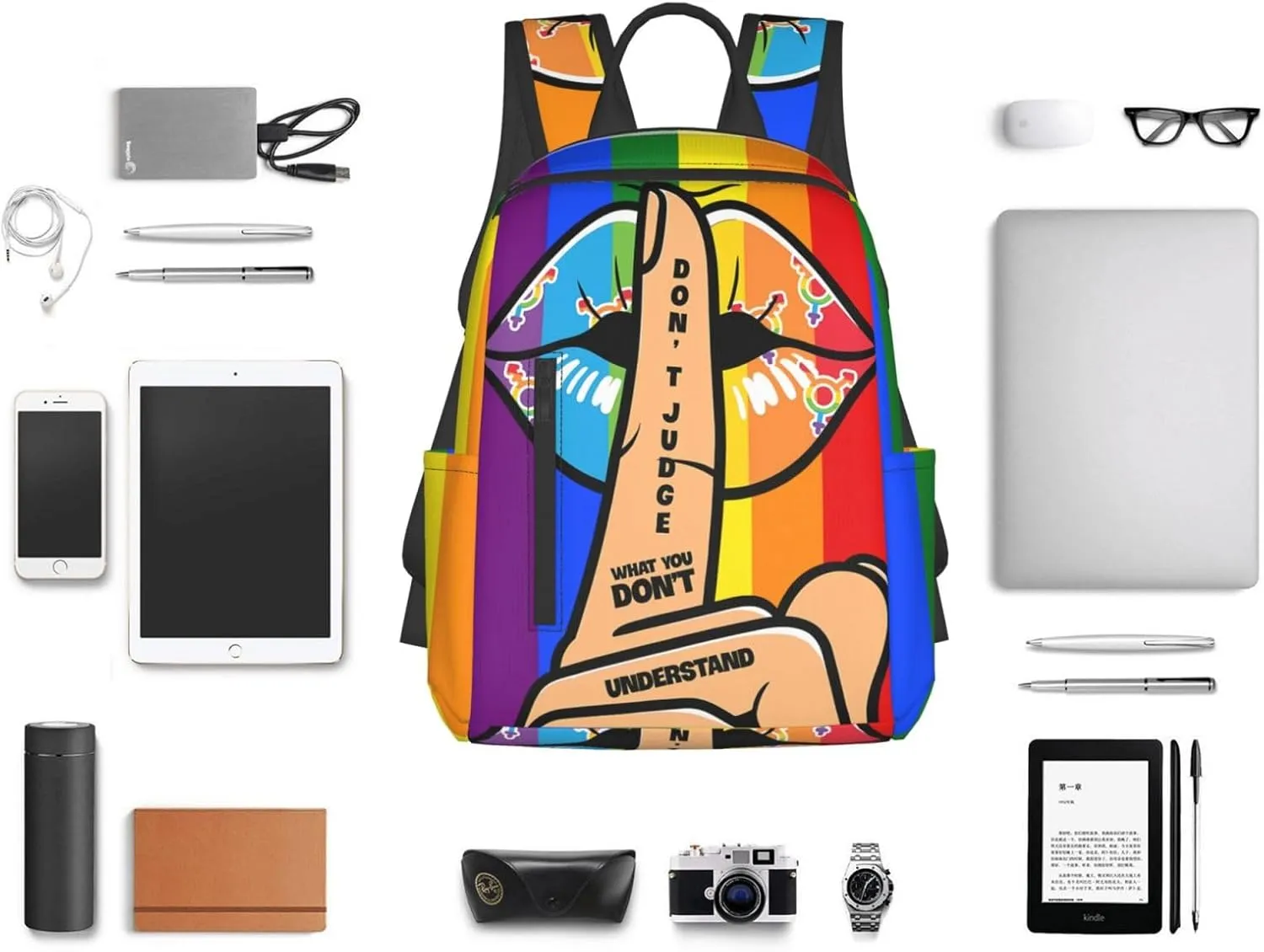 LGBT Lip Don't Judge What You Don't Understand Travel Laptop Backpack Casual Backpacks Double Shoulder Daypack Notebook Rucksack Work Bags Sports Bag for Hiking Camping Beach
